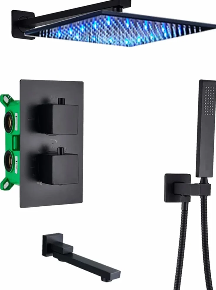 Ukryty system prysznicowy, termostatyczna bateria prysznicowa LED, matowy czarny zestaw prysznicowy z głowicą prysznicową i deszczownicą, zaawansowana technologia wtryskowa