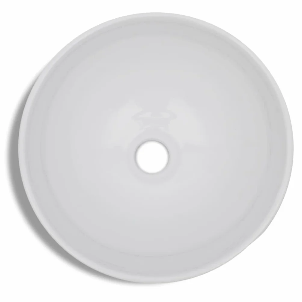 Ceramiczna umywalka łazienkowa okrągła biała z chromowaną baterią mieszającą, umywalka nasadowa 325 x 140 mm, łącznie z kranem, elastycznymi wężami, akcesoriami montażowymi do łazienki