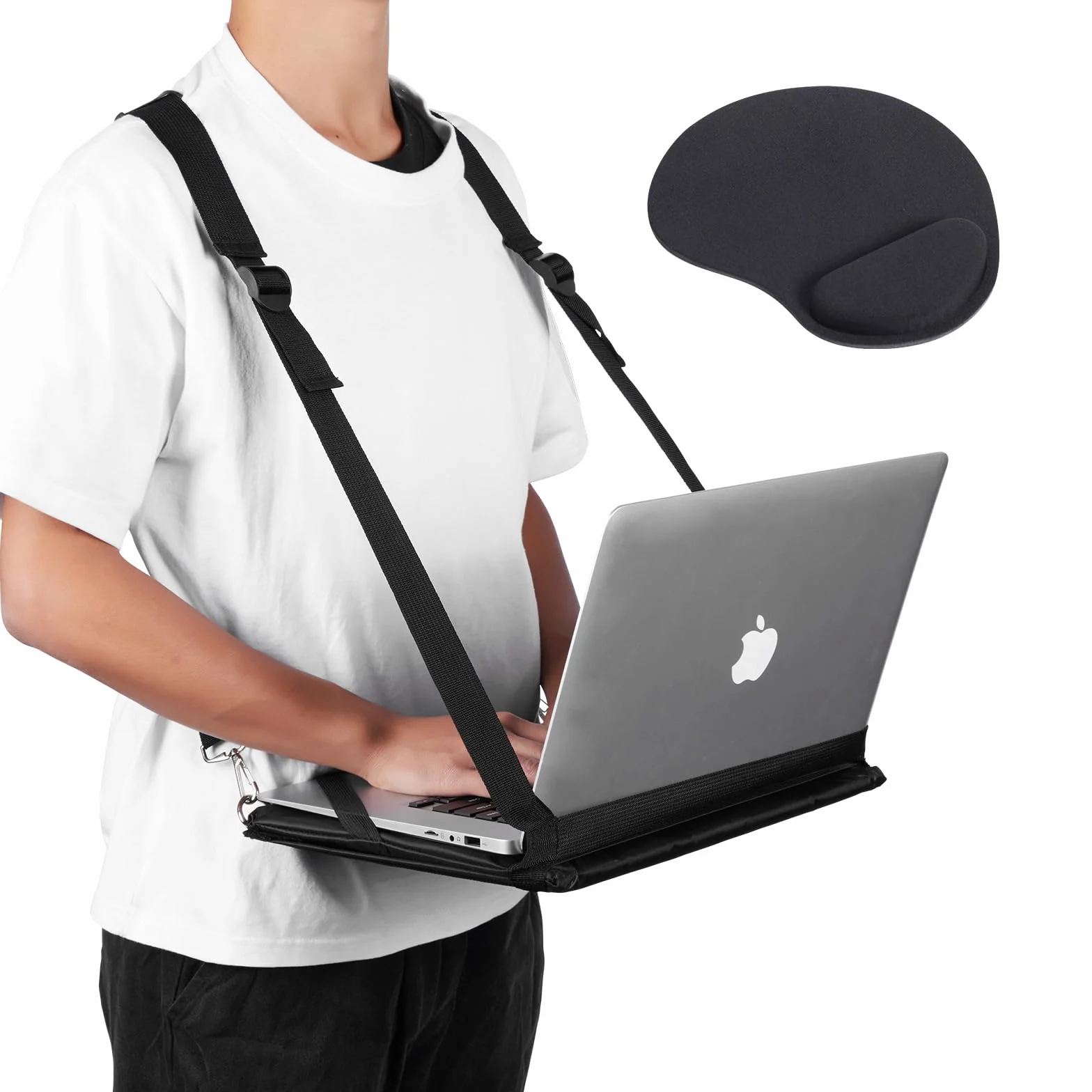 Uprząż do laptopa, regulowane biurko na laptopa, kompatybilne z laptopami, tabletami, notebookami, MacBookiem (do 14 cali), w zestawie podkładka pod mysz z pianki z pamięcią kształtu