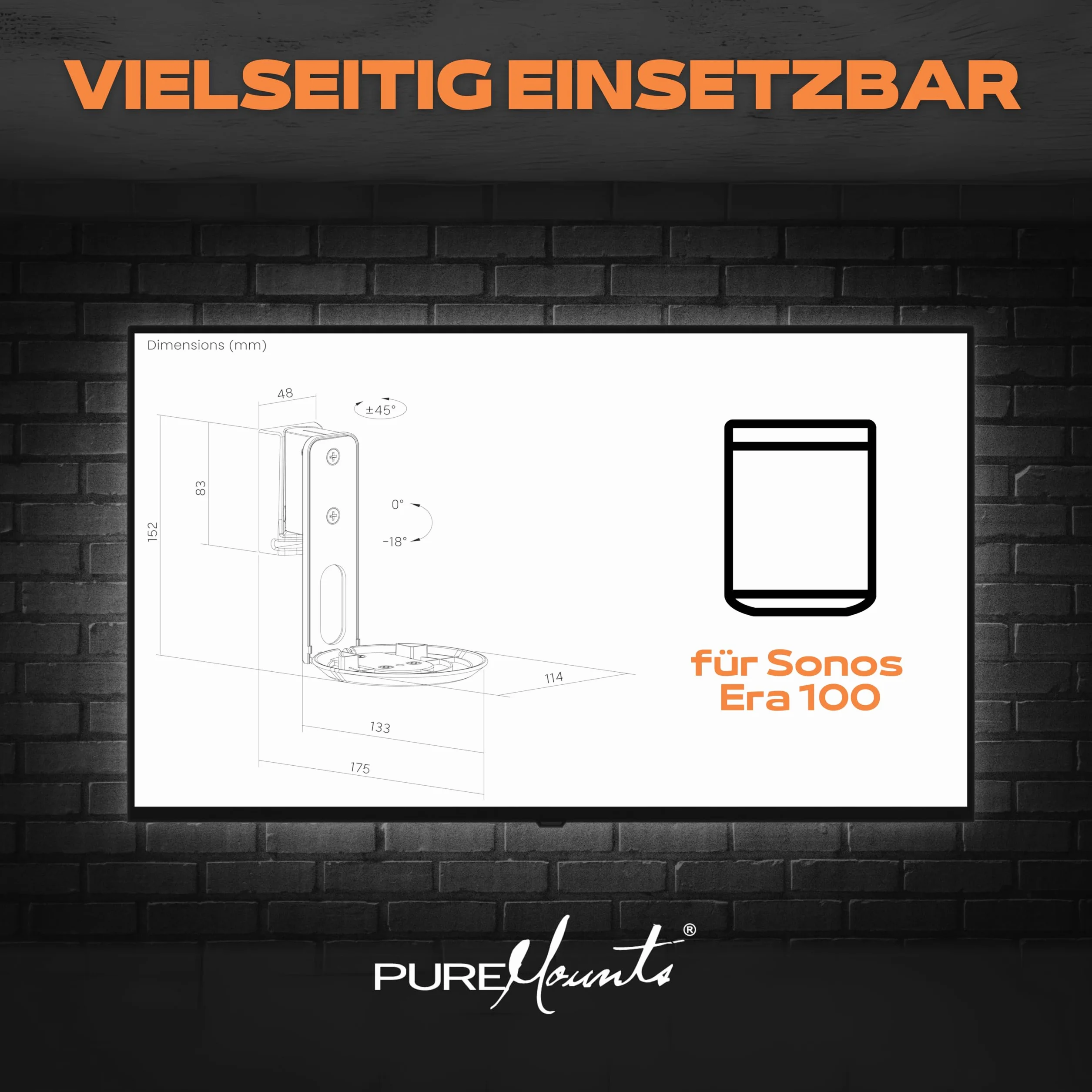PureMounts Uchwyt ścienny do Sonos Era 100, wychylny +/-45°, nachylenie 0/-18°, 3 kg, czarny