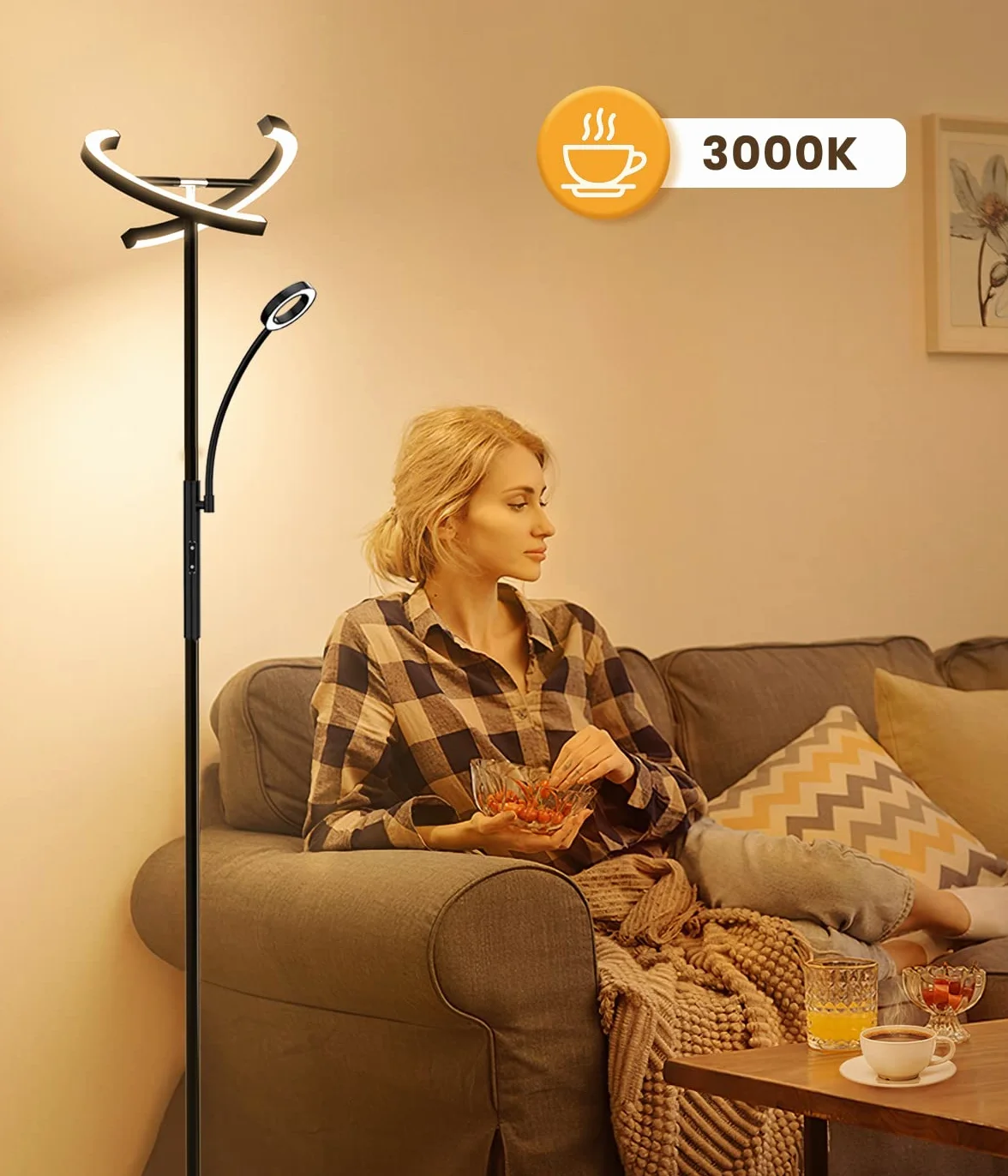 ANTENLICHT KAKA ściemnialna lampa stojąca LED, czarna 20 W z nowoczesną, elastyczną lampą do czytania 7 W, z pilotem zdalnego sterowania 1500 lm, 4 temperatury barwowe do salonu, sypialni