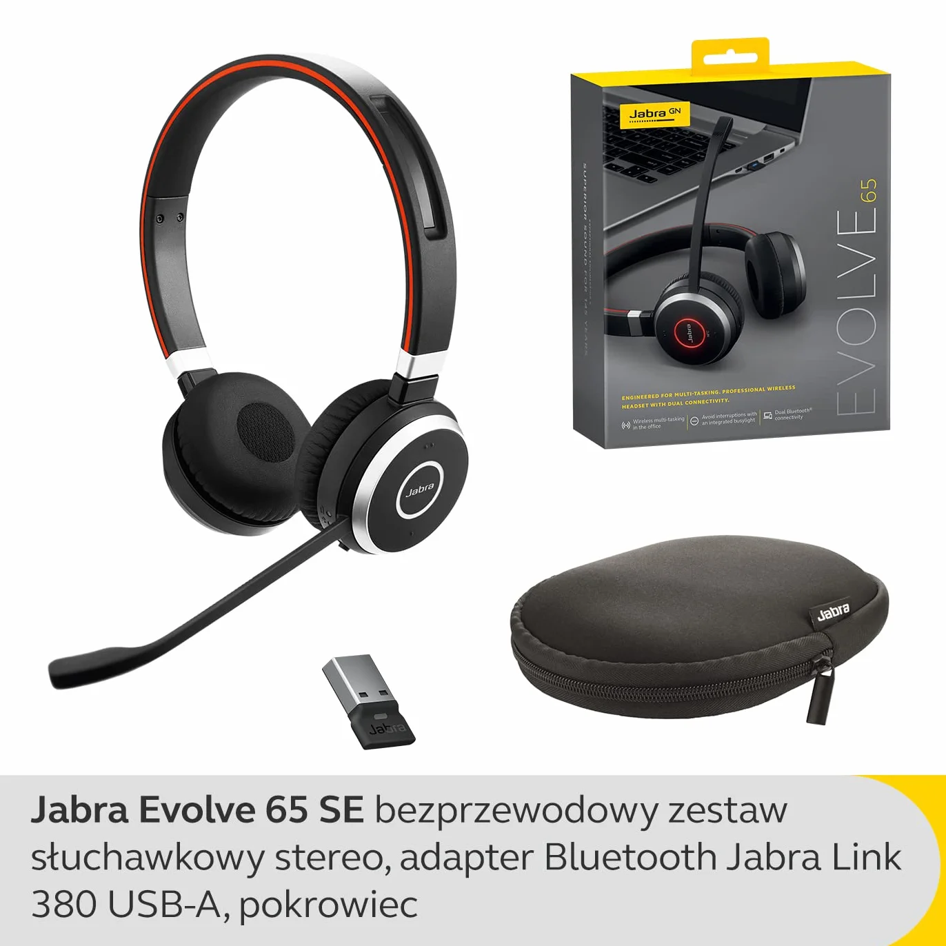 Jabra Evolve 65 SE bezprzewodowy zestaw słuchawkowy Bluetooth stereo z redukcją szumów, czarny