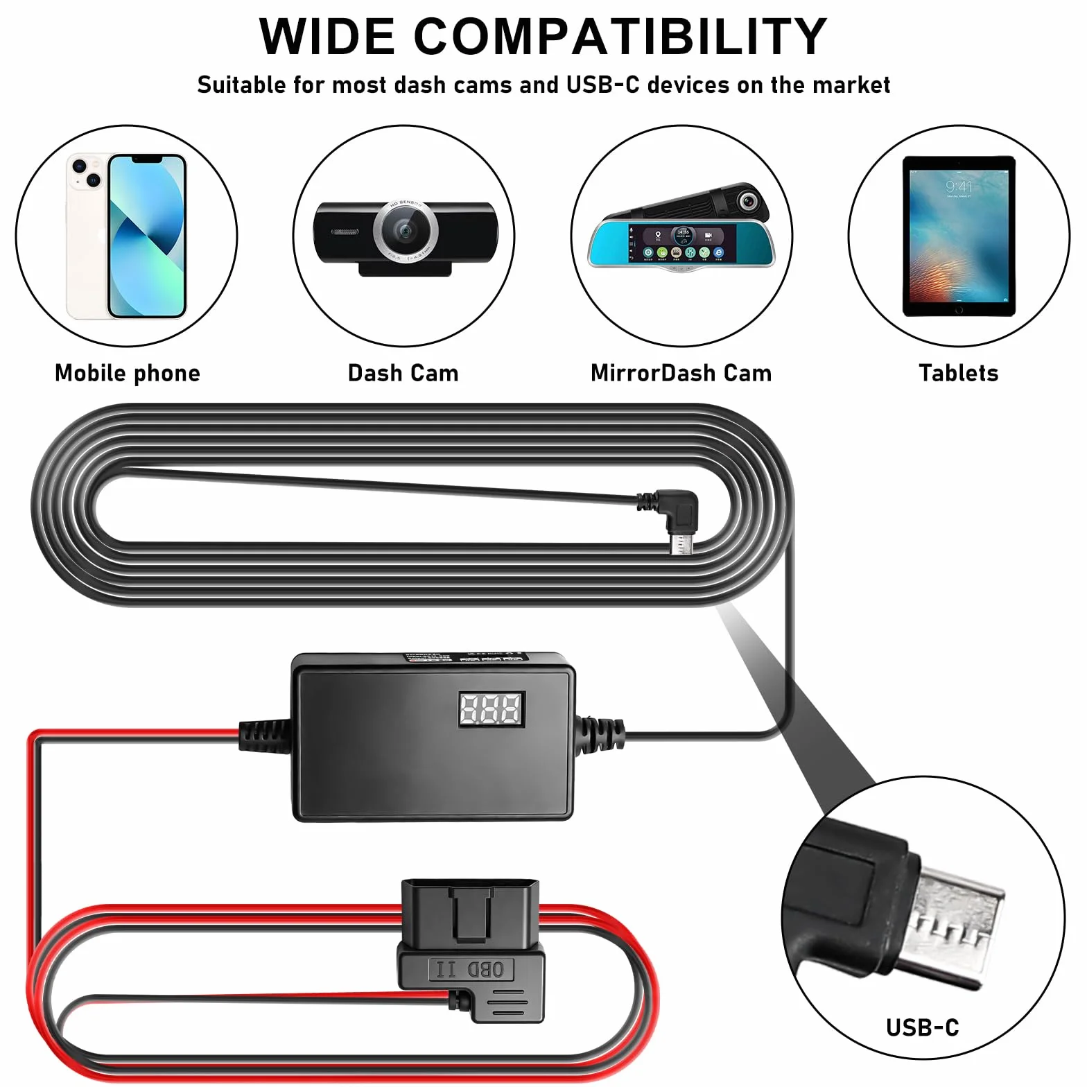 Aicharynic Dash Cam Hardwire Kit, kabel OBD do USB C 2 V-24 V do 5 V, ochrona przed zbyt niskim napięciem