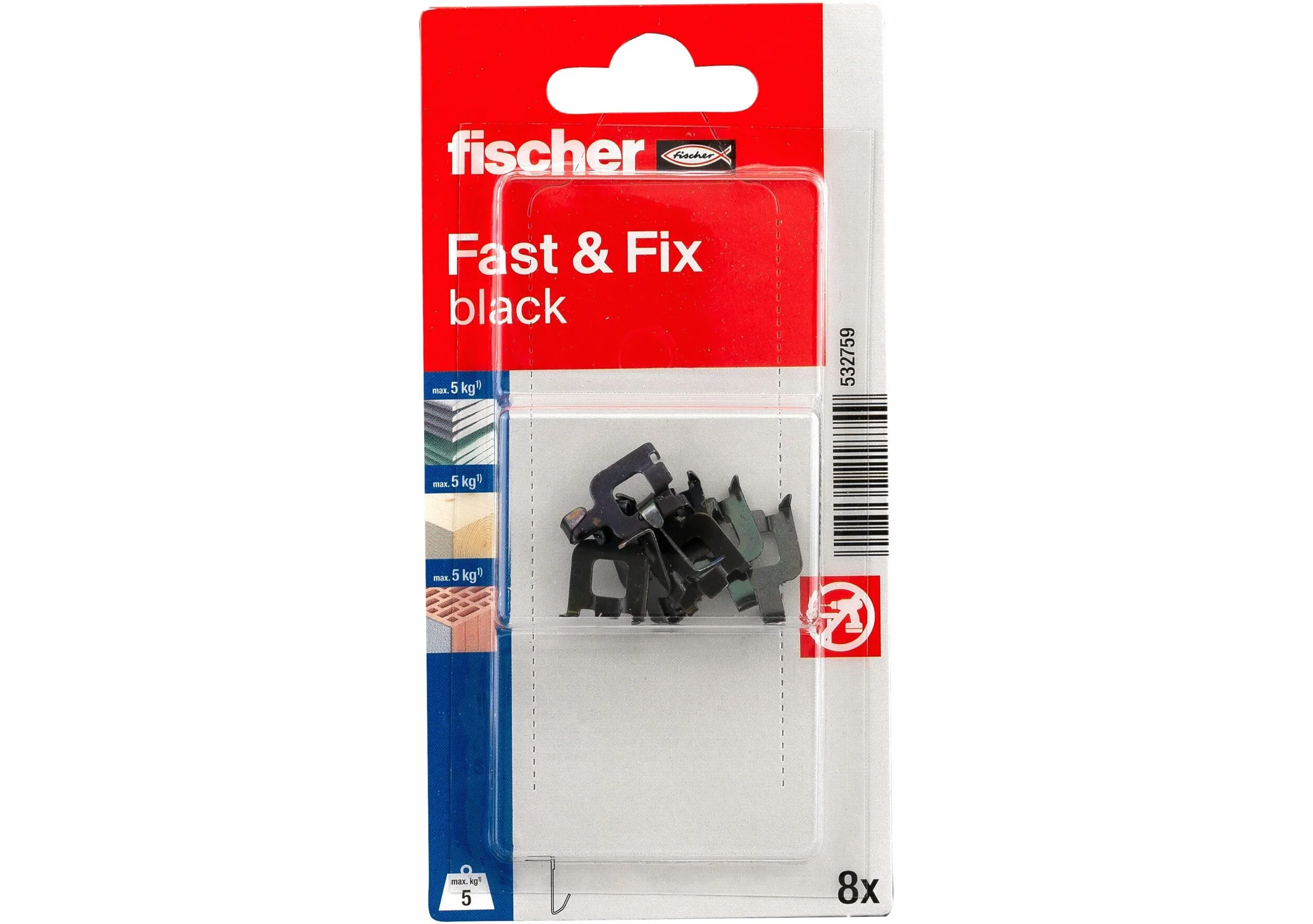 Fischer Fast&Fix Fix Hak, Czarny, ‎1,5 x 7,5 x 14,6 cm, 8 Sztuk