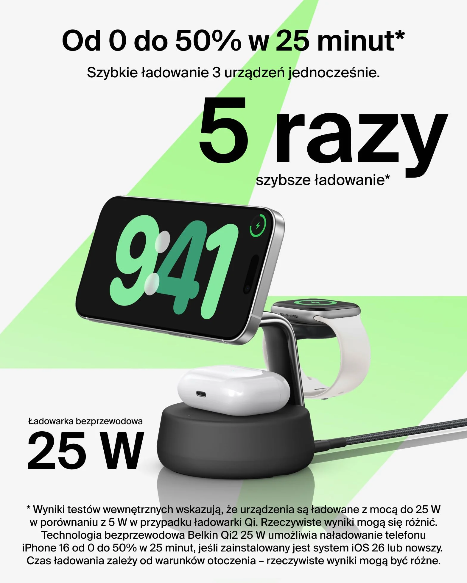 Belkin UltraCharge Pro Qi2 25W Ładowarka Bezprzewodowa 3 w 1 Stacja Ładująca do iPhone 16 Apple Watch AirPods Czarna