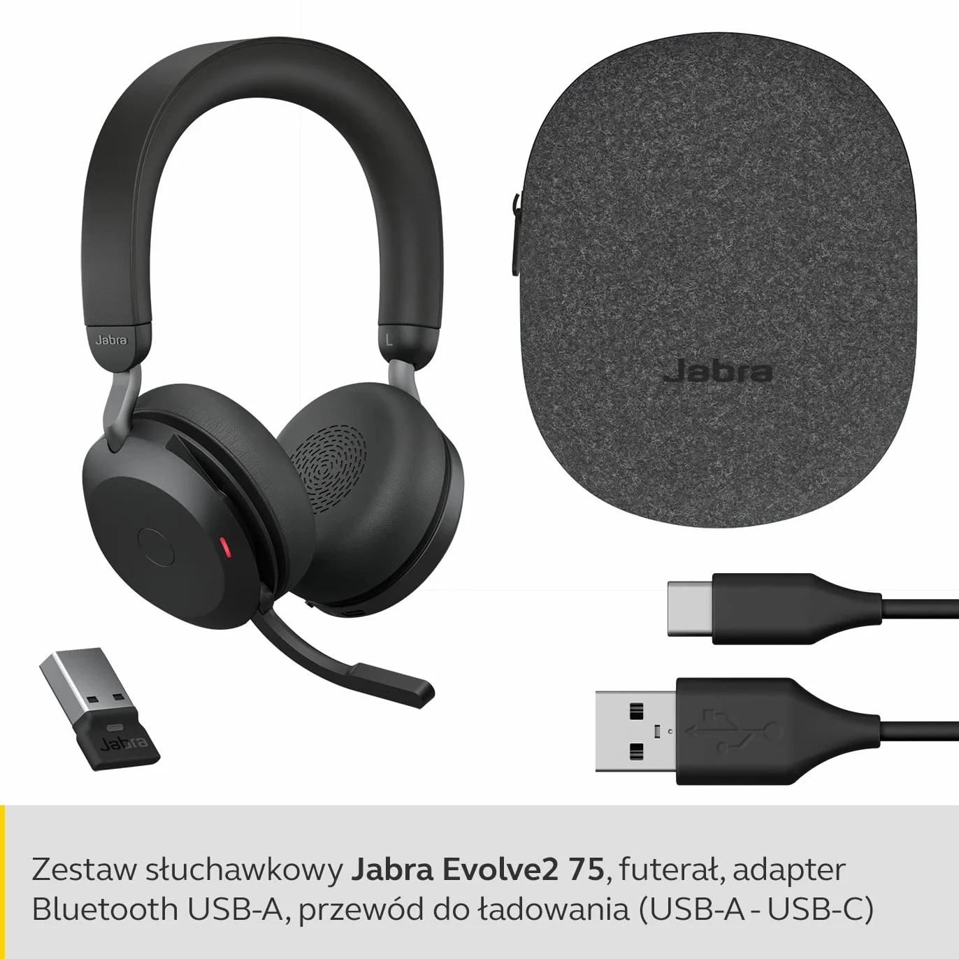 Jabra Evolve2 75 Wireless PC Headset z technologią 8-mikrofonową, podwójną pianką, aktywną redukcją szumów, adapterem Bluetooth USB-A, kompatybilny z UC - Czarny