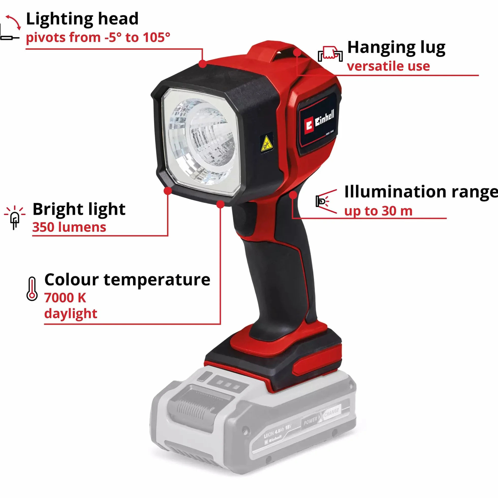 Einhell Lampa akumulatorowa TC-CL 18/350 Li-Solo Power X-Change (18 V, 350 lm, 7000 K, zasięg świecenia 30 m, obrotowa głowica świetlna, wysokiej jakości światło LED, bez baterii)