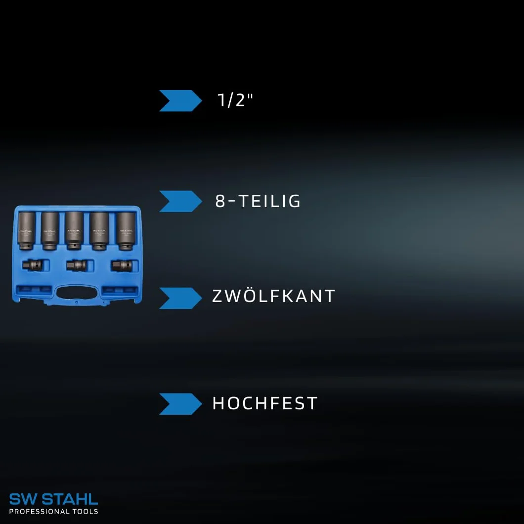 SW-Stahl 10185L Zestaw Nasadek 1/2 Cali, Dwunastokątne, 8 Szt. | Nasadki do kluczy nasadowych IMPACT z wytrzymałej stali chromowo-molibdenowej, profil 12-kątny o rozmiarze 12,5 mm