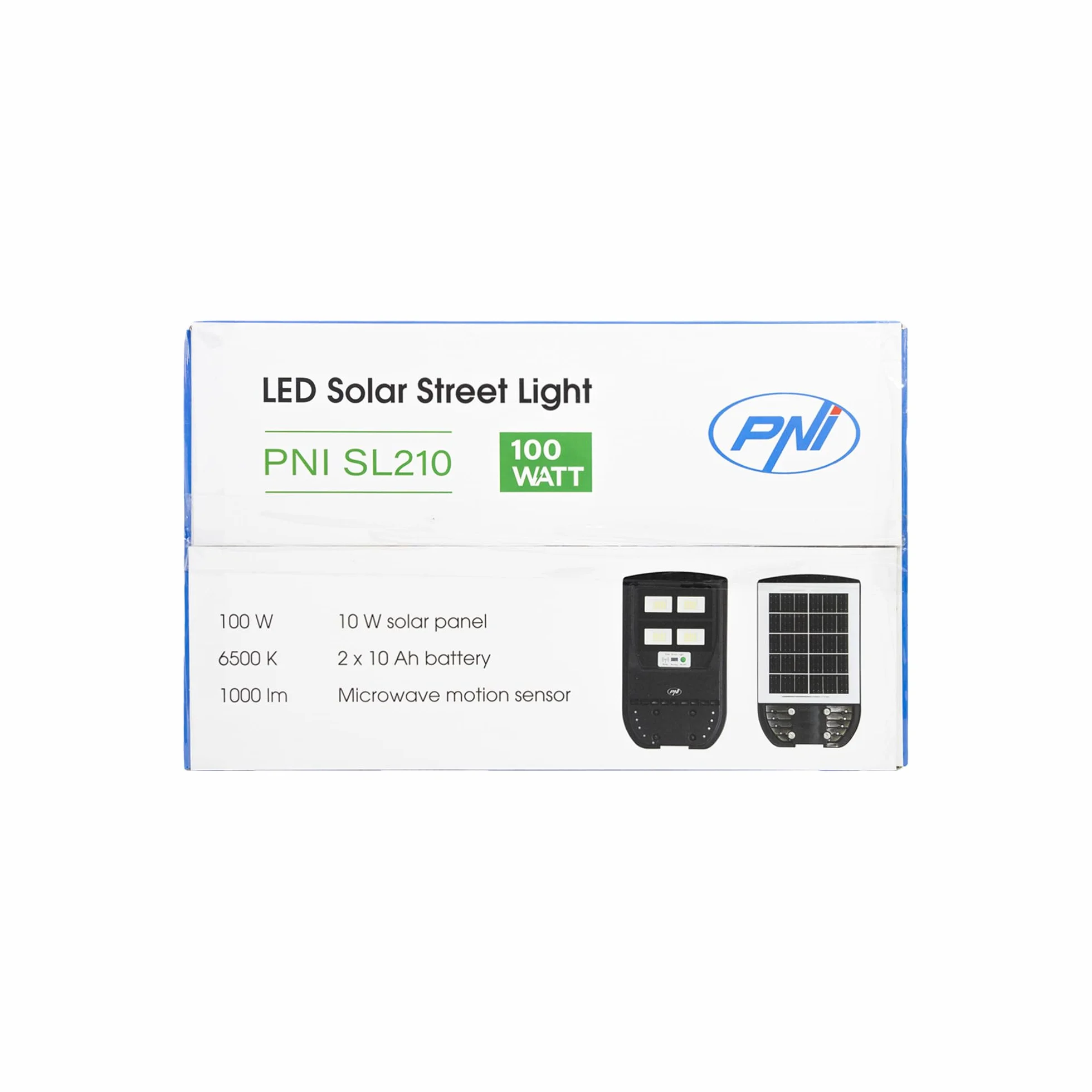 Lampa uliczna PNI SL210 100W z wbudowanym panelem słonecznym 10W, 6500K, 1000lm, 2 x wbudowany akumulator 10Ah, mikrofalowy czujnik ruchu