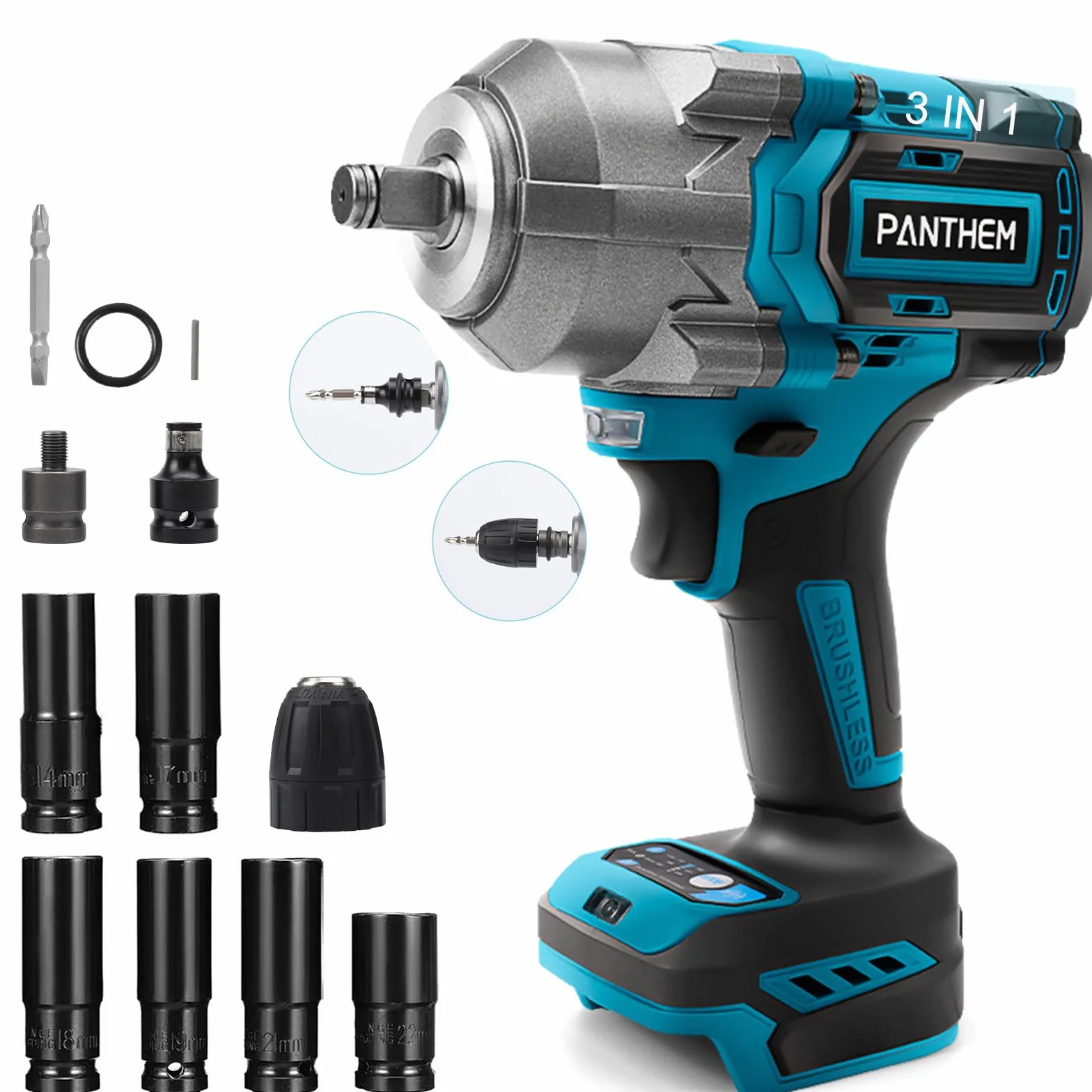 Akumulatorowa wkrętarka udarowa kompatybilna z wkrętarką udarową Makita 18 V 1200 Nm, 1/2", bezszczotkowy klucz płaski z adapterem klucza nasadowego (bez baterii)