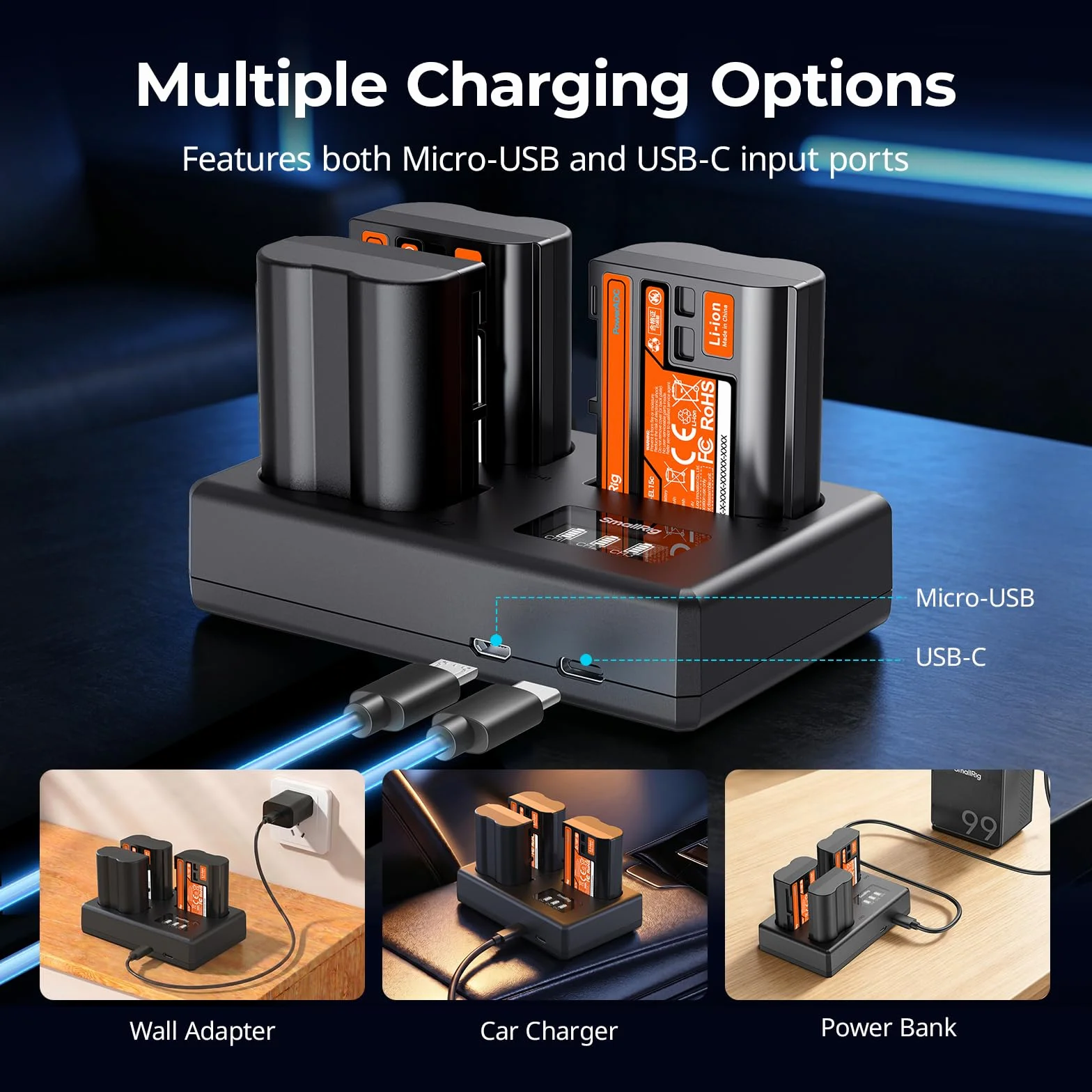 SMALLRIG Zestaw akumulatorów EN-EL15c 1940 mAh 3 baterie ładowarka LCD do Nikon ZR/Z6III/Zf/Z8/Z7II/Z7/Z6II/Z6/D850/D810/D780/D750/D500/D7500