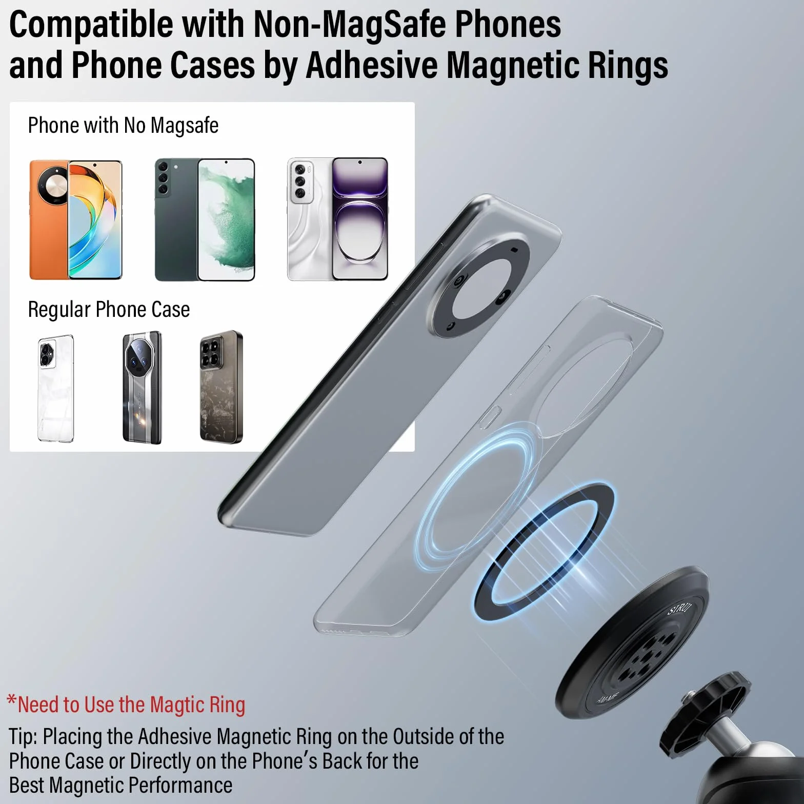 SIRUI Magnetyczny adapter do statywu dla telefonu z 3 pierścieniami samoprzylepnymi kompatybilny z MagSafe do iPhone 15, 14, 13, 12