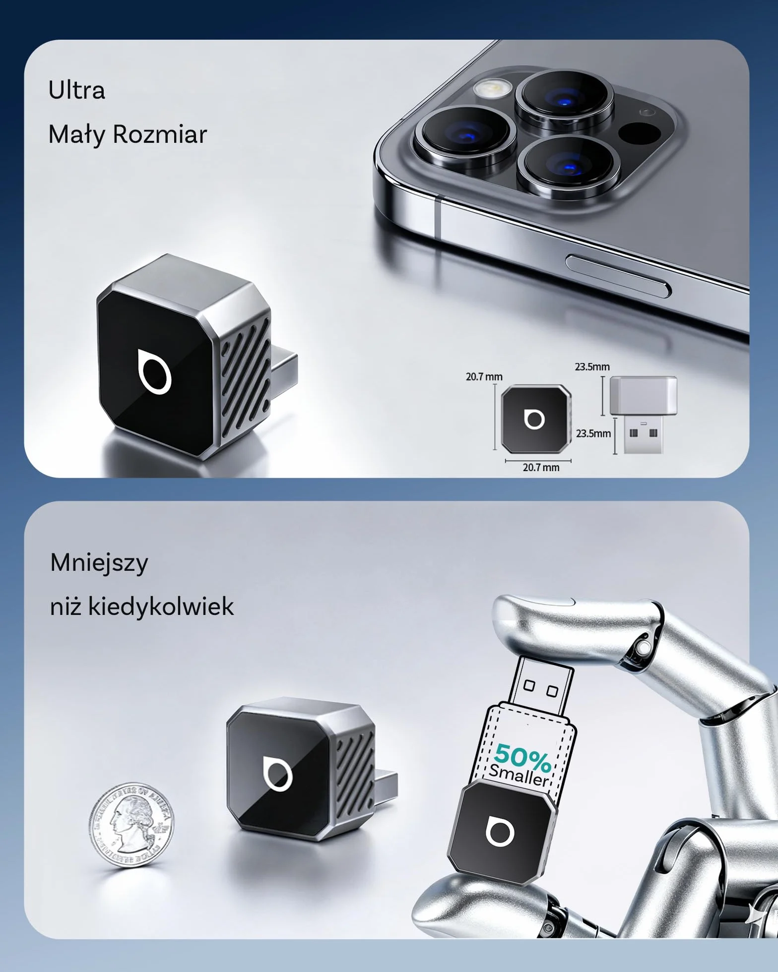 2026 Upgrade Ottocast Mini Cube, Bezprzewodowy Adapter CarPlay & Android Auto, Plug & Play, 2.4G+5G, Automatyczne Ponowne Połączenie, Kompatybilny z autami po 2016 z przewodowym CarPlay/Android Auto
