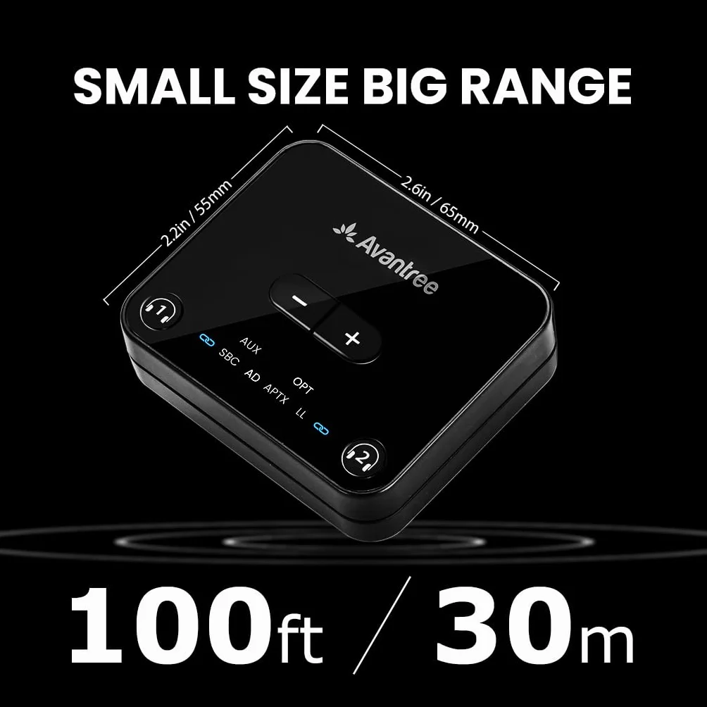 Avantree Audikast 3 transmiter Bluetooth 5.3 do TV aptX Adaptive dwa słuchawki zasięg 30 m