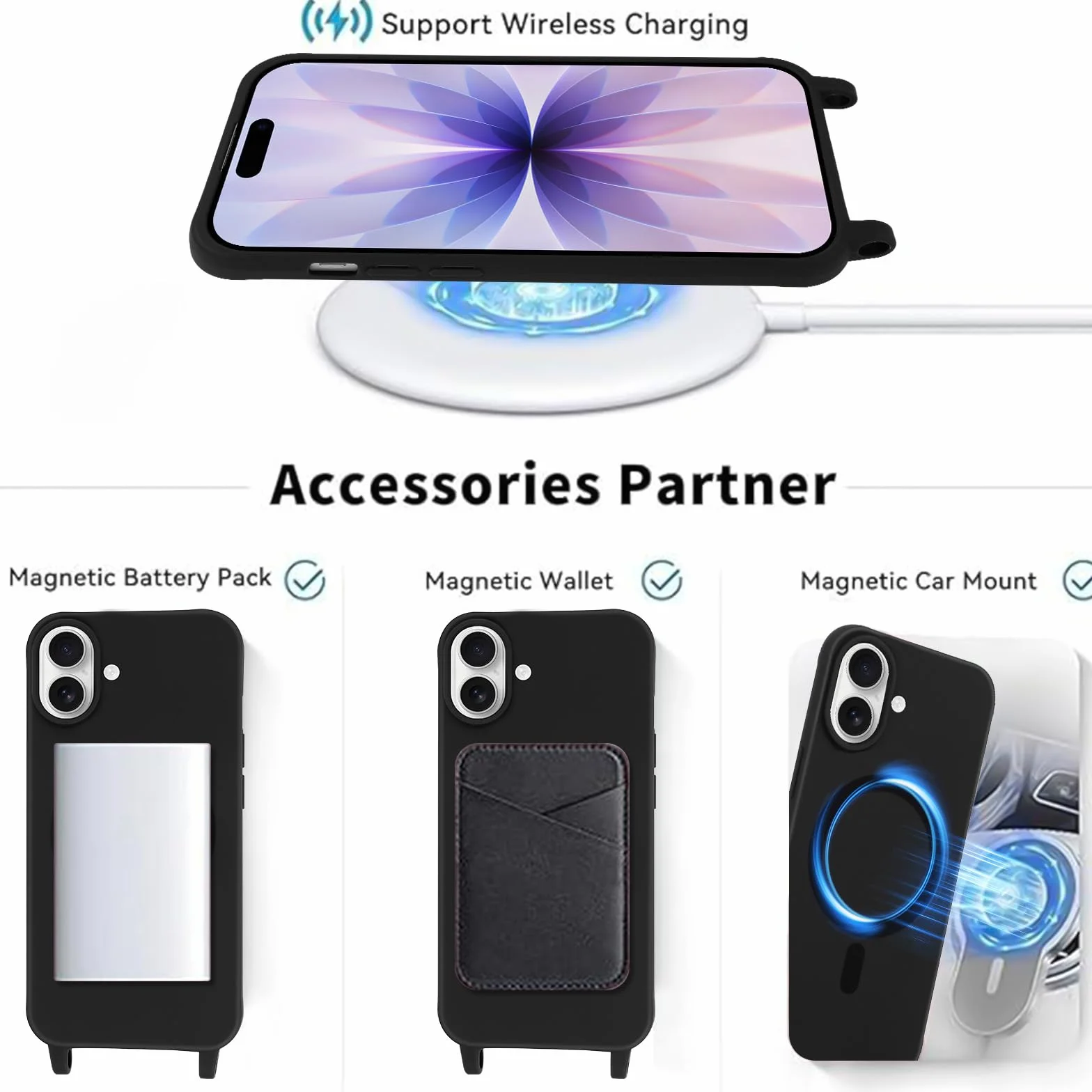 Magnetyczne etui silikonowe na iPhone 17 6.1" z paskiem na szyję, czarne