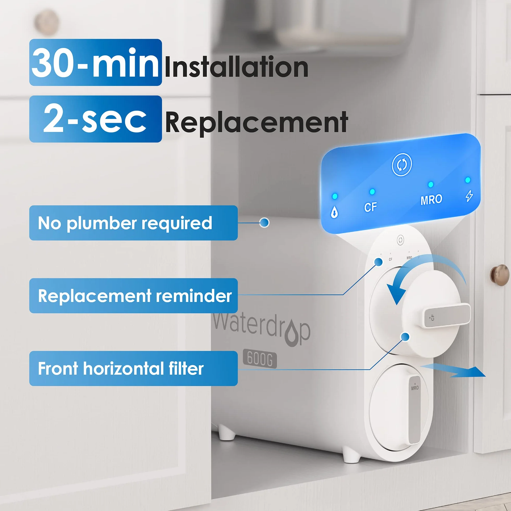 Waterdrop RO System Filtracji Wody z Odwróconą Osmozą, 2271 Litrów, Czysty do Odpływu 2:1, Bezzbiornikowy, Inteligentny Panel, Kompozytowy Wielostopniowy, Atest FCC, USA Tech, Kran na Bazie Szczotkowanego Niklu, WD-G2P600-W