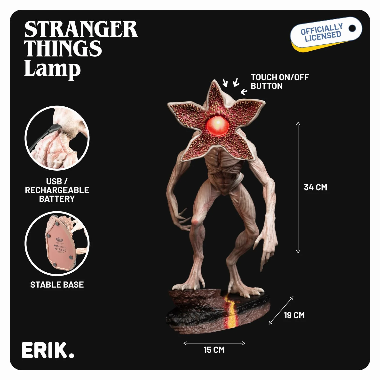 Grupo Erik Baterry Lamp - Stranger Things Gifts | Night Light Kids, Night Lamp Bedside, Mood Lighting, Nightlight | Demogorgon Stranger Things Merchandise, Cool Room Decor