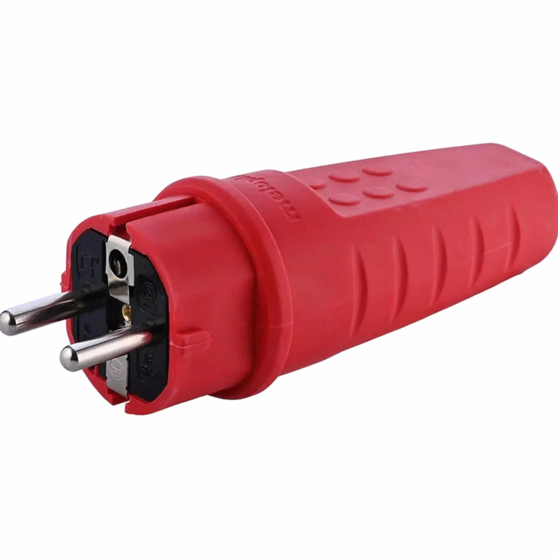 Gumowa wtyczka zewnętrzna, 230 V, 16 A, IP44, kabel burzowy do maks. 2,5 mm², odporna na pęknięcia, wodoszczelna, z zestykiem ochronnym z tulejką chroniącą przed zagięciem