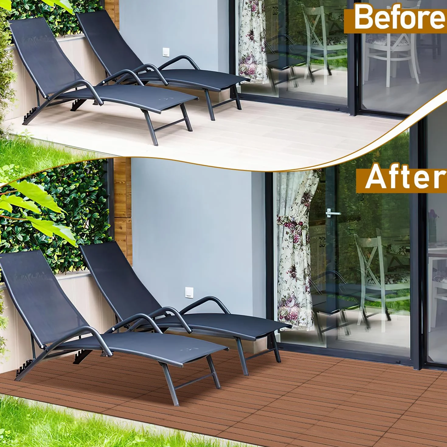 Płytki tarasowe WPC 30x60 cm, 36 sztuk /6 m², płytki WPC na balkon, wodoodporne i antypoślizgowe, z drenażem i systemem zatrzaskowym, łatwe w układaniu, kolor brązowy