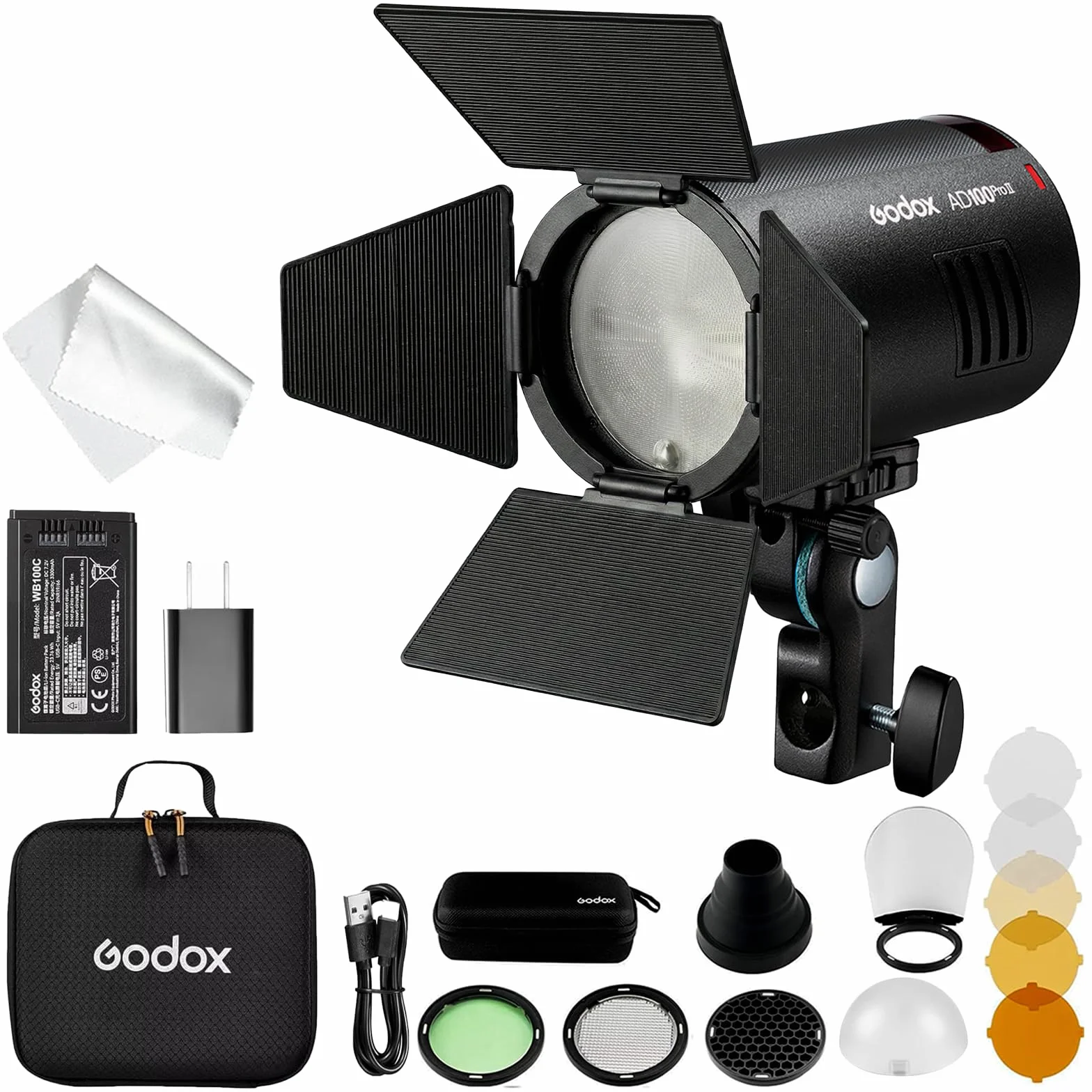 Godox AD100 Pro II 100 W lampa błyskowa z zestawem AK-R1, AD100PRO II 2,4 G TTL Flash, zoom 28-85 mm, 490 pełnych błysków, 0,01-1,5 s, recykling HSS 1/8000s, akumulator 2850 mAh, ładowanie USB-C, 16