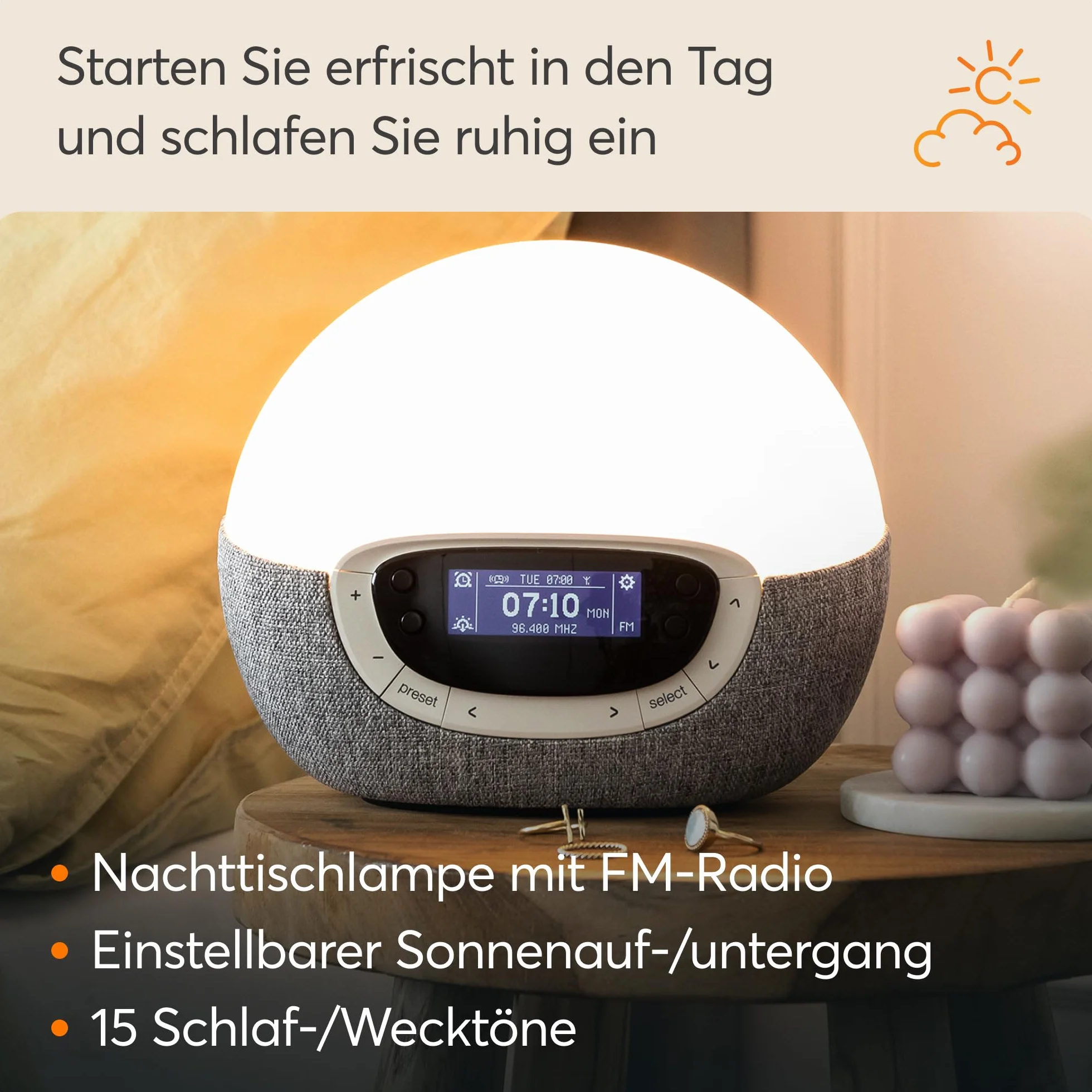 Lumie Bodyclock Shine 300 – budzik świetlny z radiem, 15 dźwięków i zachód słońca