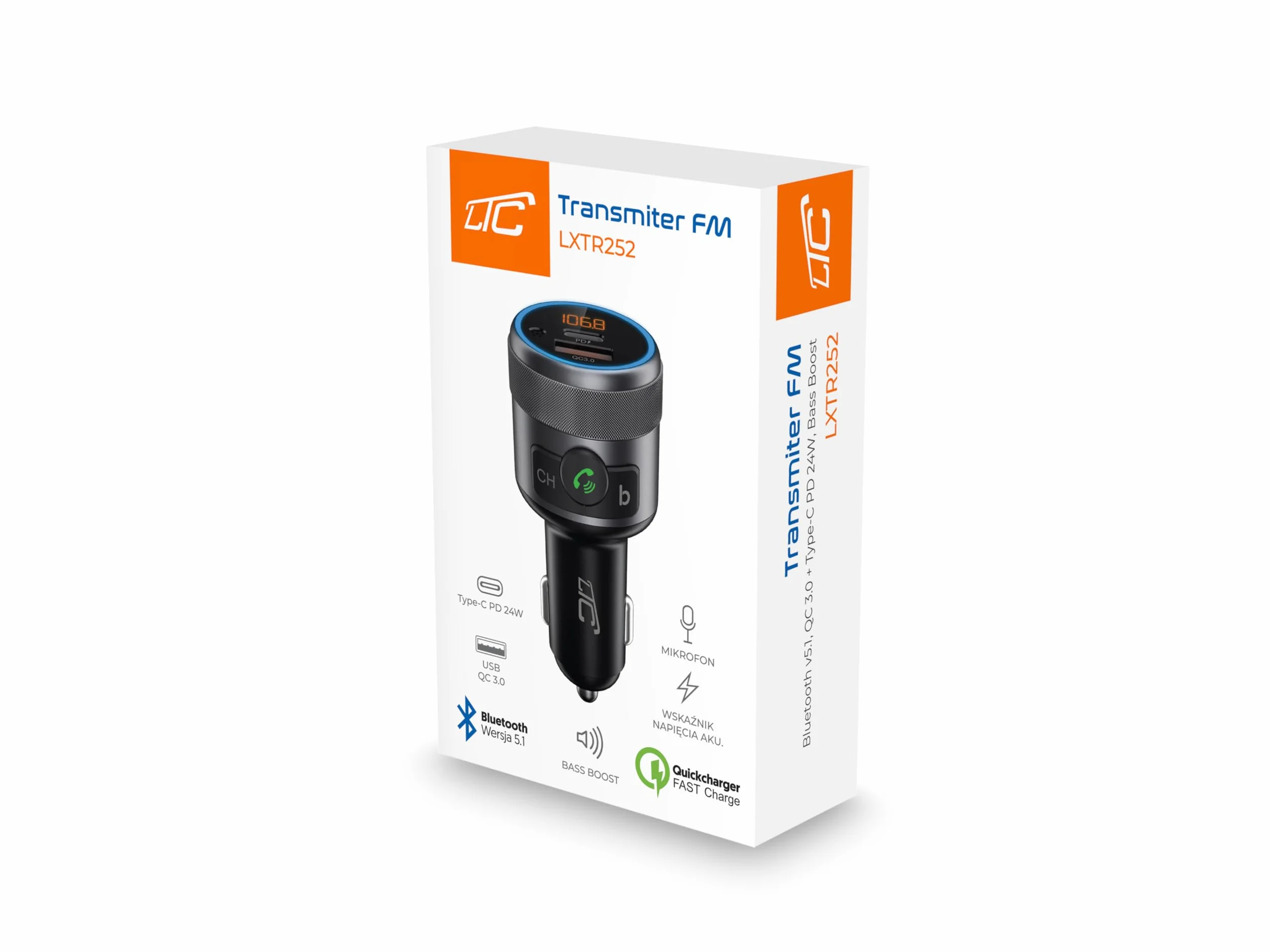 LTC TR252 Transmiter Samochodowy Bluetooth 5.1 Zestaw Głośnomówiący Szybka Ładowarka Power Delivery 3.0 Tester Napięcia Akumulatora