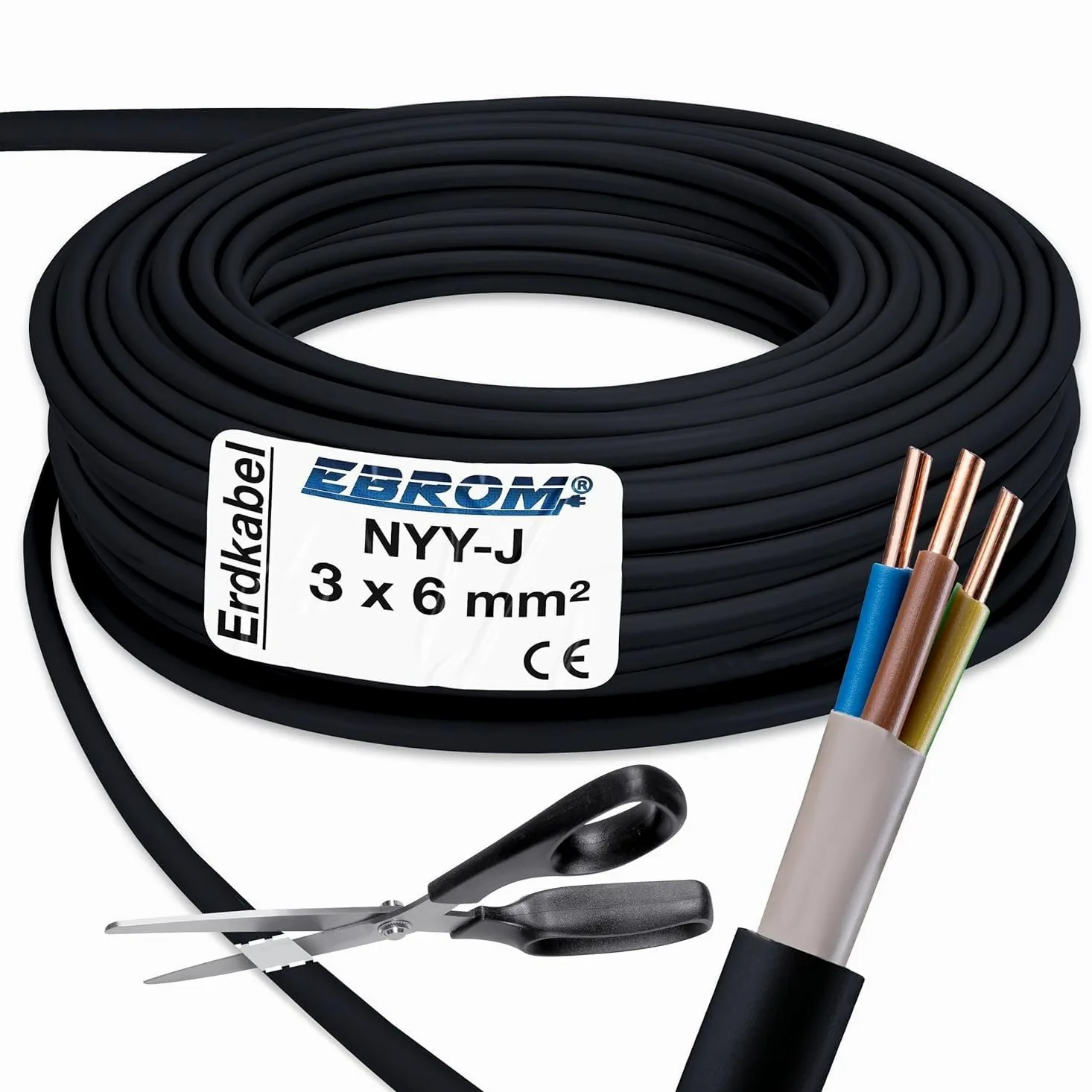 EBROM Kabel zasilający NYY-J 3 x 6 mm² – kabel ziemny – NYY-J 3 x 6 mm² – czarny – towar sprzedawany na metry z dokładnością do metra: wybór w odstępach 5 m, od 5 m – 3 x 6 mm² – długość: 18 m