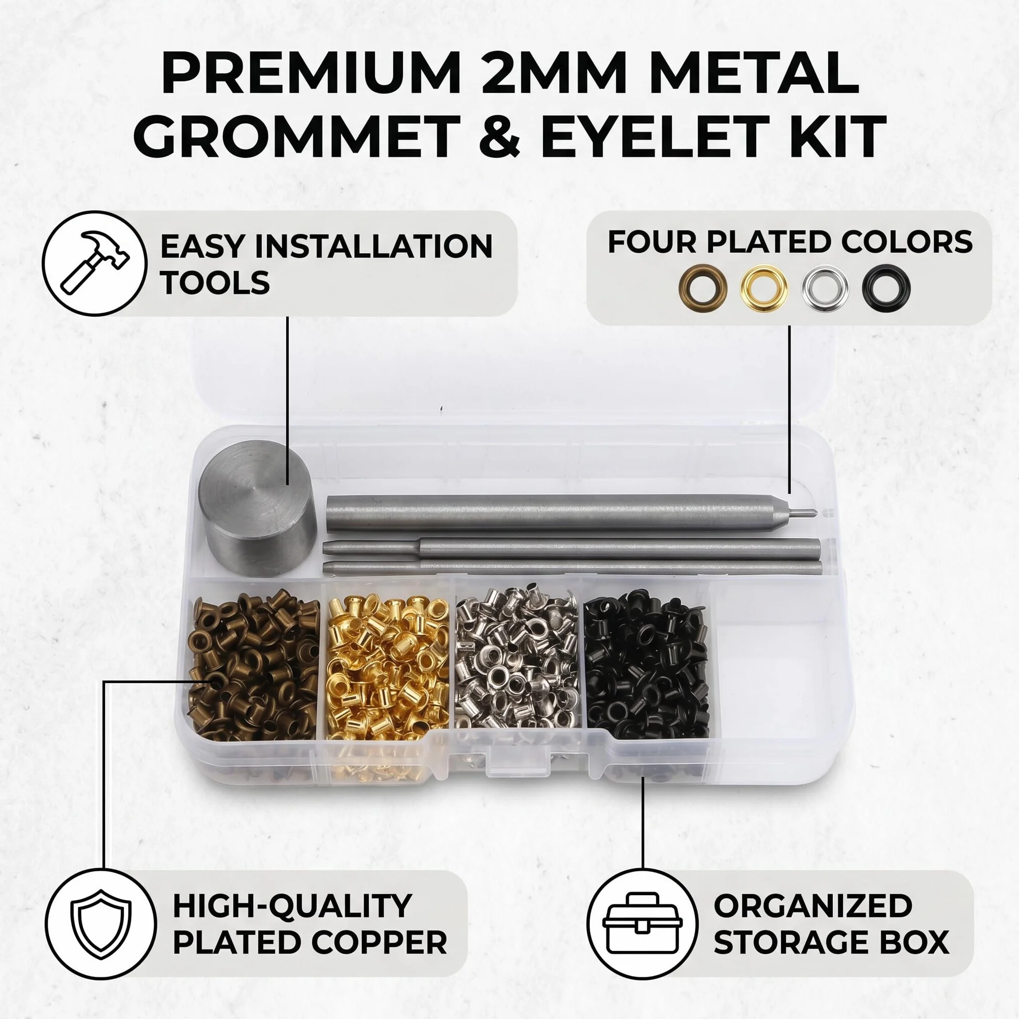 Narzędzie do Oczek Zestaw Metalowych Oczek, 2 Mm Zestaw Oczek z Mosiądzu żelaznego Zestaw do Ustawiania Narzędzi Zestaw do Dziurkowania Oczek do Torby Buty Ubrania Skórzane z Plastikowym Pudełkiem do