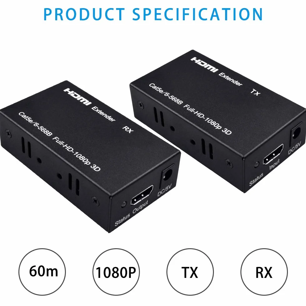 Przedłużacz HDMI 200 ft HDMI na RJ45 Ethernet Cat5e/Cat6 Transmisja nadajnika 1080P 3D HDCP EDID POC