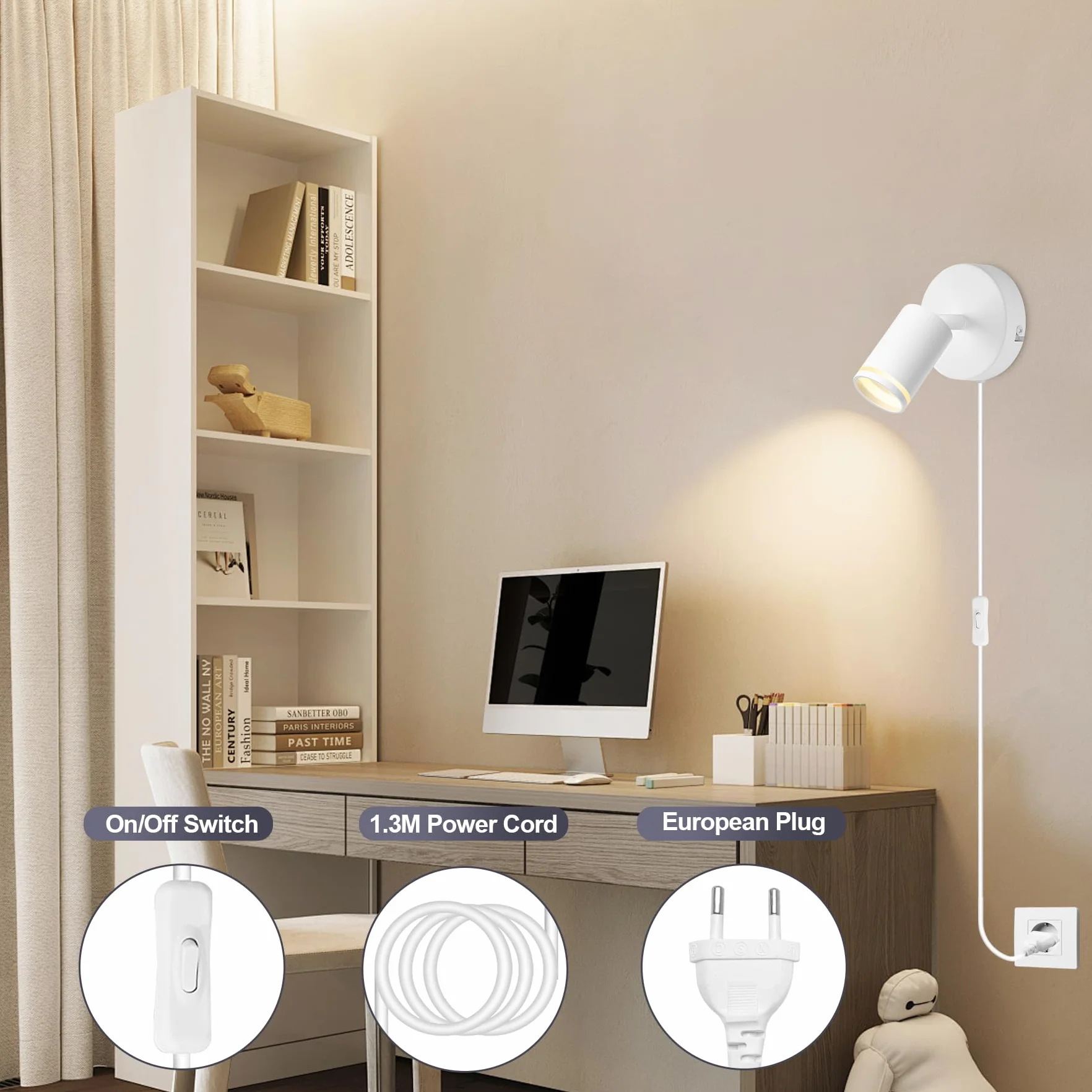 Lampa ścienna z przełącznikiem i wtyczką biała GU10 – lampa ścienna wewnętrzna z przełącznikiem, obracana o 350°, lampa ścienna do sypialni, salonu, korytarza, bez źródła światła