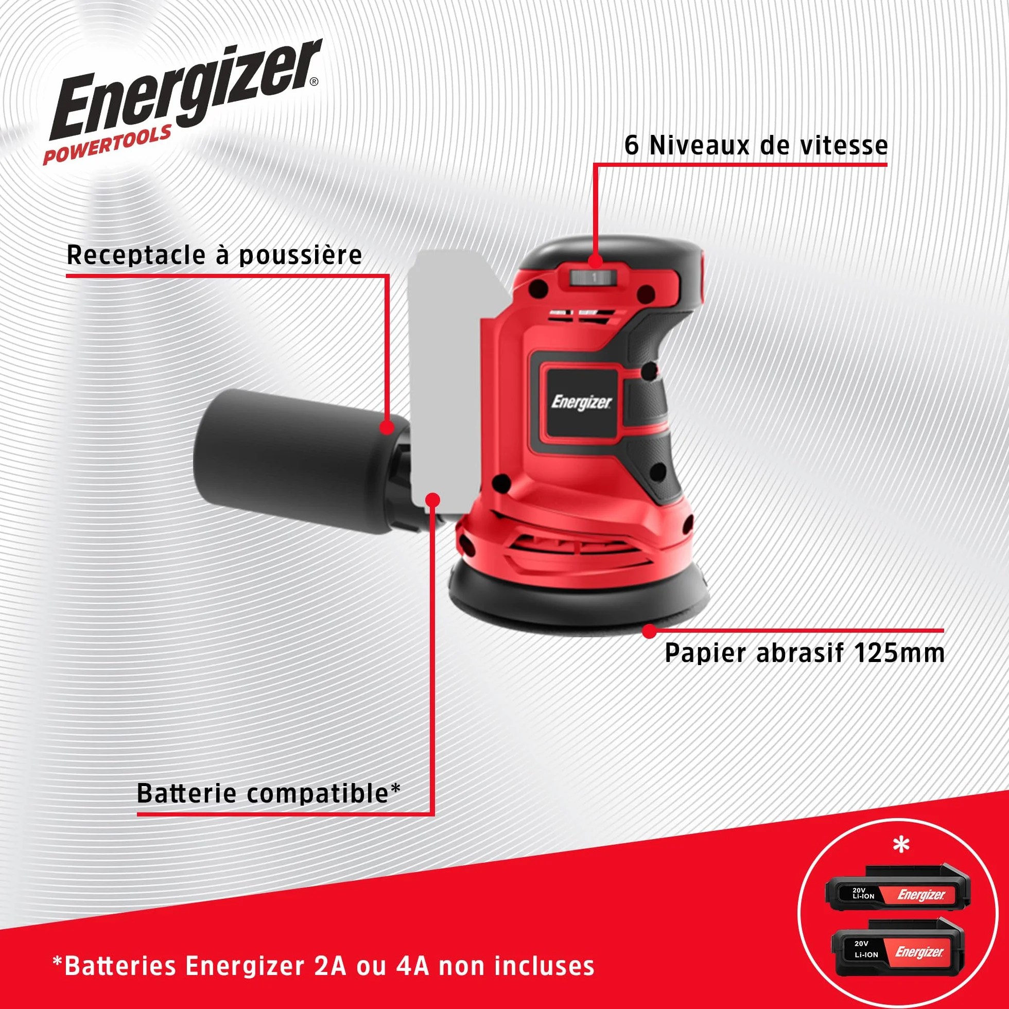 Energizer Bezprzewodowa szlifierka tarczowa 20 V, 10000 obr./min, 6 regulowanych prędkości - samozaciskowa taca 125 mm, torba kolekcjonerska, 10 dysków w zestawie - w zestawie 2 baterie 20 V 2 AH +