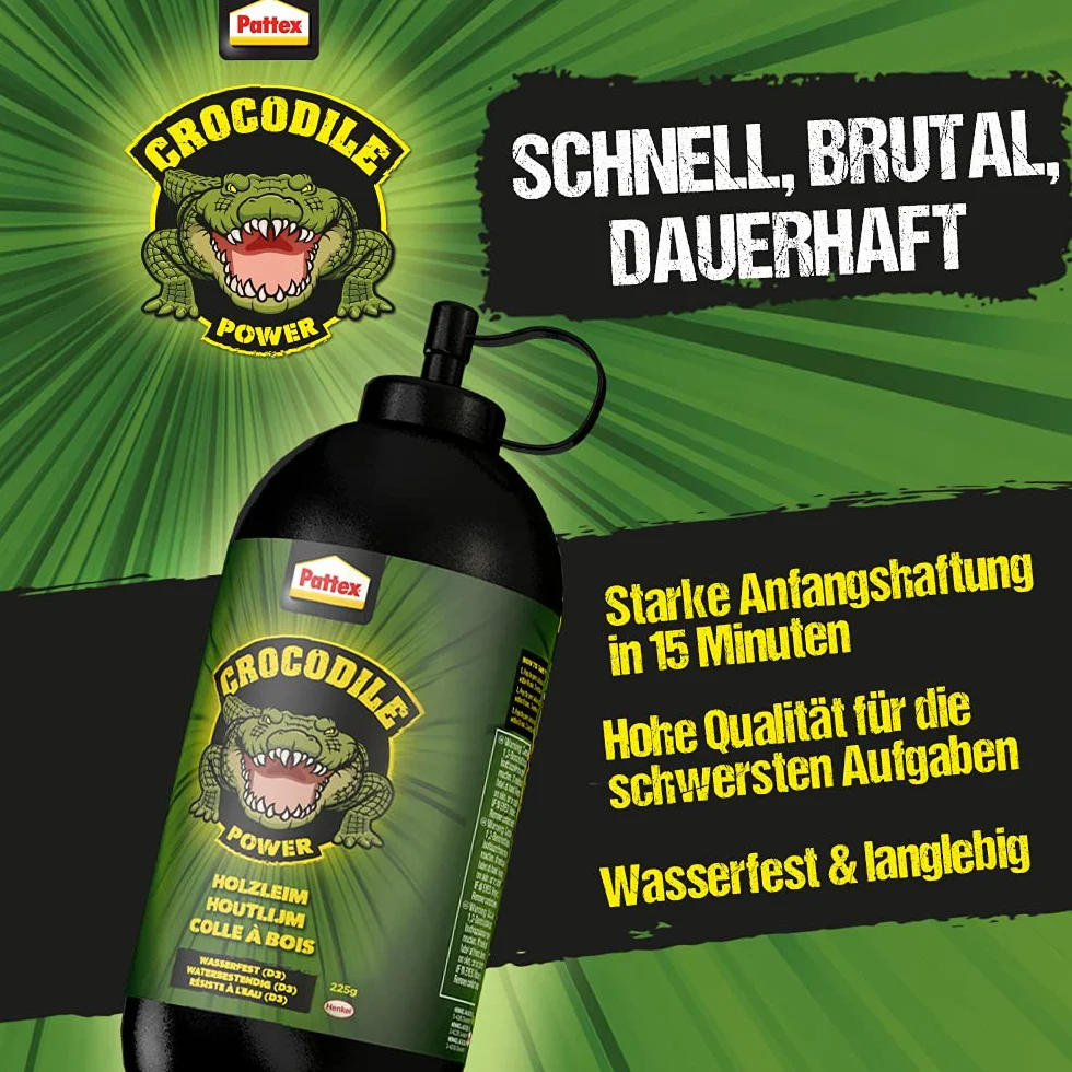 Pattex Crocodile Power Klej do Drewna, Mocny Przezroczysty, do Wewnątrz i na Zewnątrz, Wodoodporny, 225g