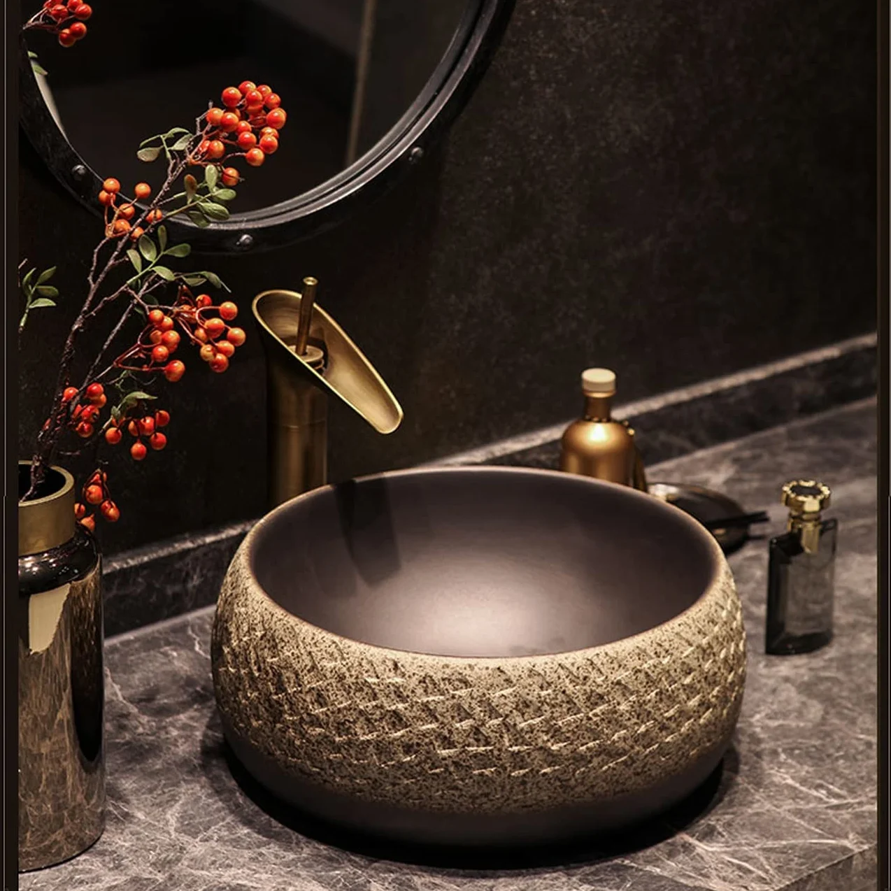 Umywalka Nablatowa W Stylu Vintage, Okrągła Miska Umywalkowa Do Łazienki, Umywalka Ceramiczna Nablatowa Z Porcelany, Kranem I Odpływem Automatycznym