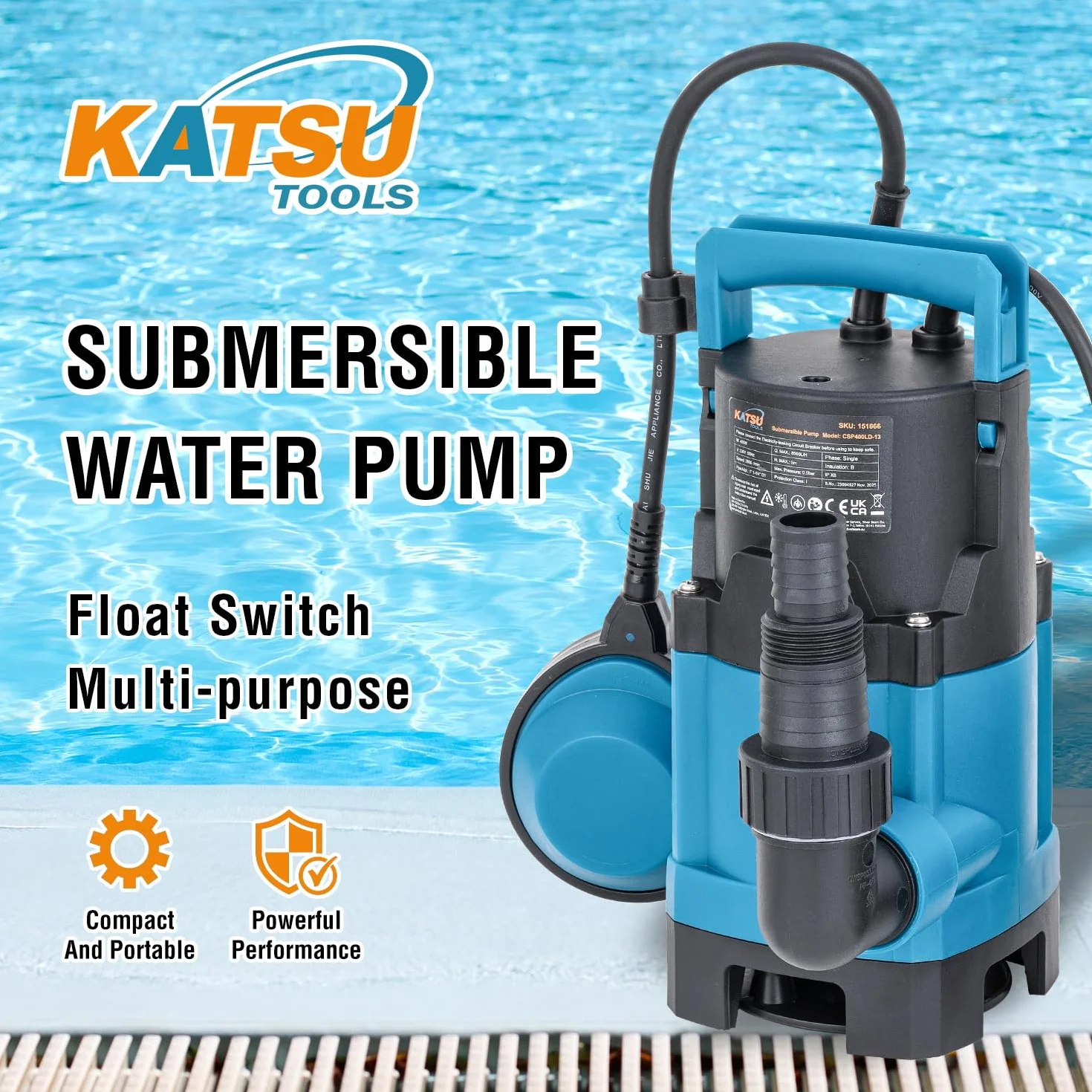 KATSU Przenośna pompa zanurzeniowa 400 W do czystej i brudnej wody, 10 000 l/h do stawu ogrodowego, basenów, rowów + przełącznik pływakowy + wymienna podstawa