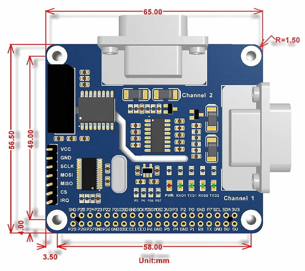 Waveshare 2-Channel Isolated RS232 Expansion HAT for Raspberry Pi SC16IS752+SP3232