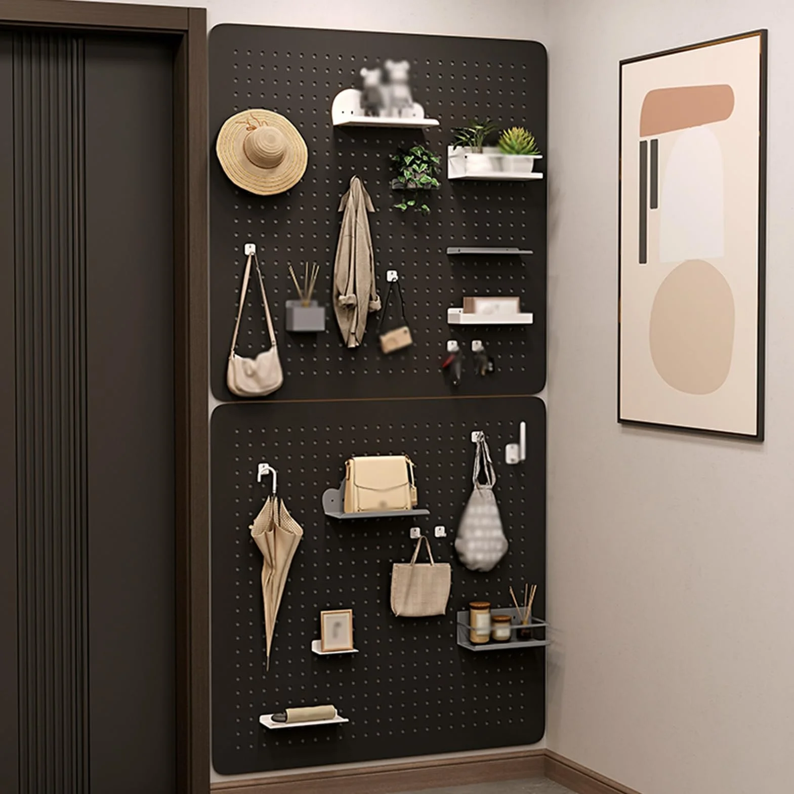 Metalowe panele pegboardowe z haczykami, modułowa ściana do przechowywania narzędzi garażowych, zestaw płyt perforowanych z akcesoriami do domu i warsztatu (zestaw D)