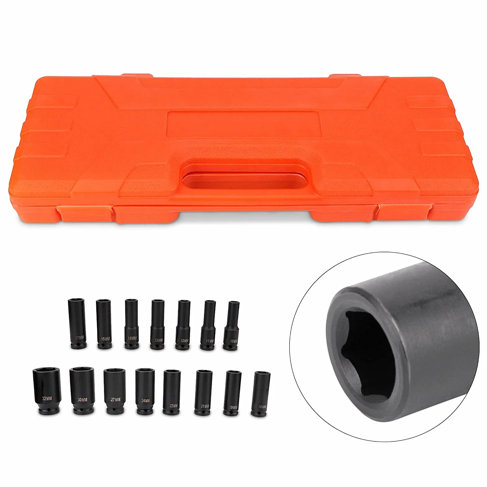 Zestaw nasadek udarowych, 15-częściowy, nasadki do kluczy nasadowych 1/2", 10-32 mm, zestaw końcówek udarowych do prac śrubowych