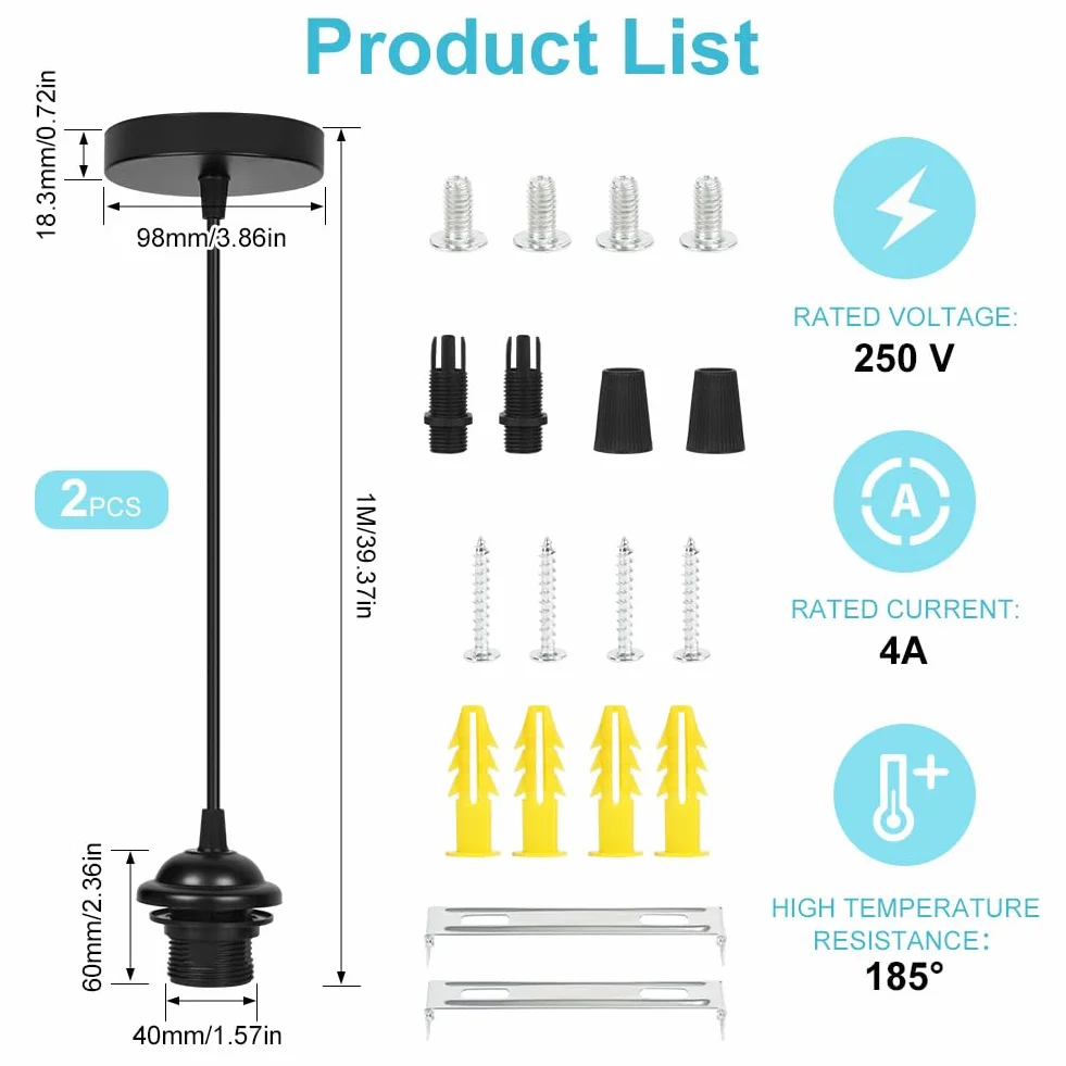 AUAUY Zestaw 2 szt. oprawek E27, czarna, z pierścieniem śrubowym, oprawka E27 do lampy wiszącej, z regulowanym kablem o długości 90 cm, do sufitu kuchni, jadalni