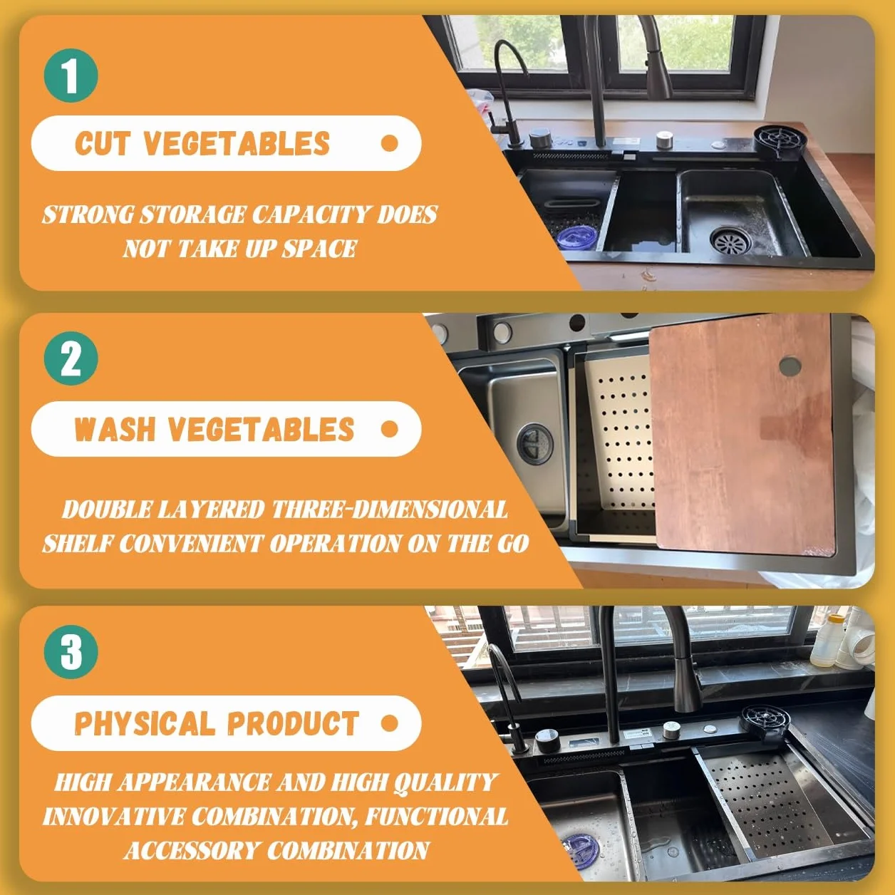 Czarny zlew kuchenny z wodospadem, lewy kran ze stali nierdzewnej, wielofunkcyjny zlew jednokomorowy - 50 cm duży zlew do stacji roboczej z wyciąganym syfonem, przelewem i odpływem S