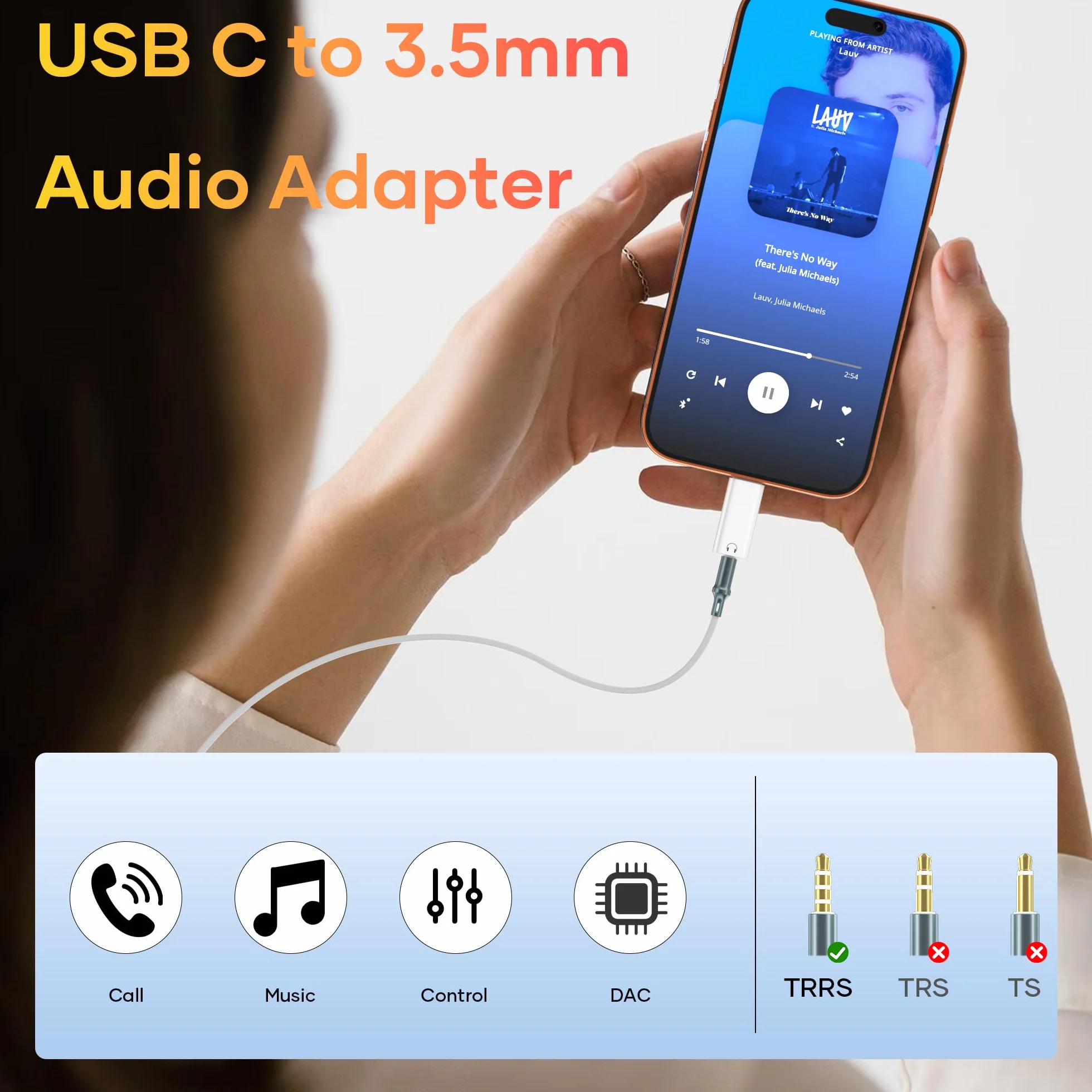 Adapter audio USB C do słuchawek 3,5 mm, adapter typu C do słuchawek jack 3,5 mm AUX dongle kompatybilny z iPhone 16 15 Pro Max/Plus, Galaxy S24 S23 S22, iPad Air/Pro, MacBook, Pixel White