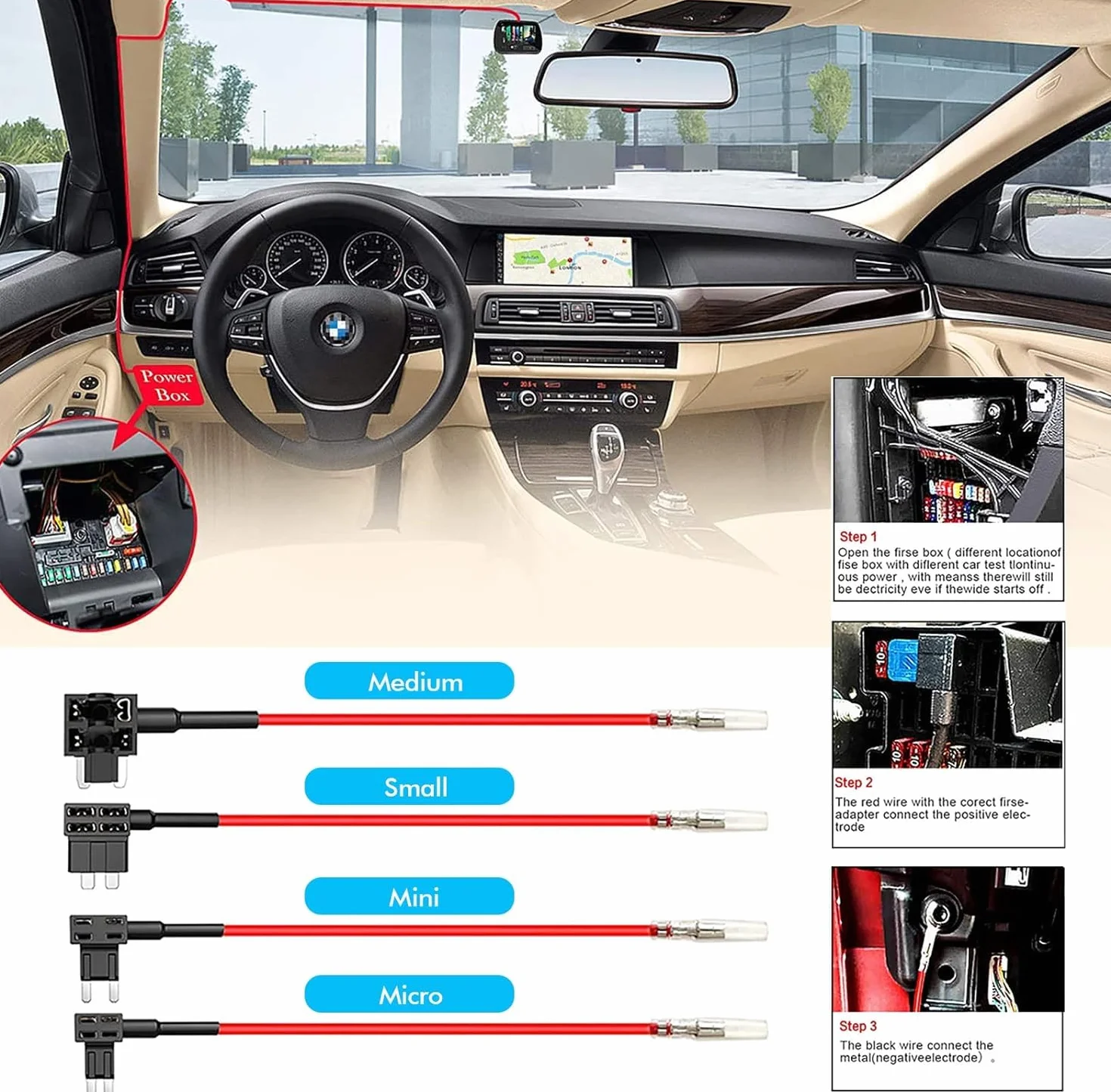 GUUZI Ładowarka do kamery samochodowej USB C 12V-24V do 5V/2,5A przewód zasilający 320 cm