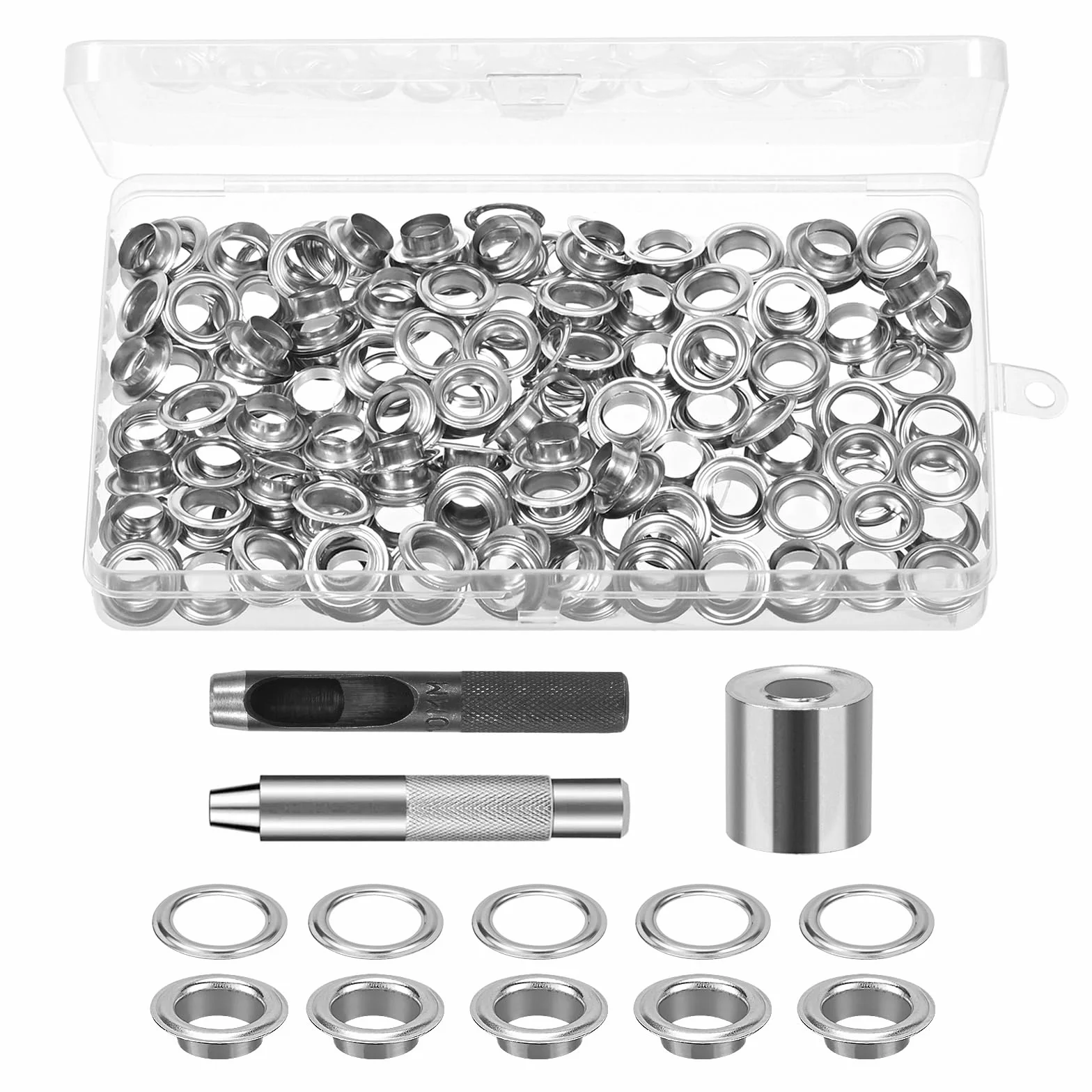 Zestaw 120 metalowych oczek, 10 mm Zestaw narzędzi do przelotek, zestaw oczek, w tym narzędzie montażowe, narzędzie do dziurkowania, podstawa, odpowiedni do markiz, butów, zasłon (10mm)