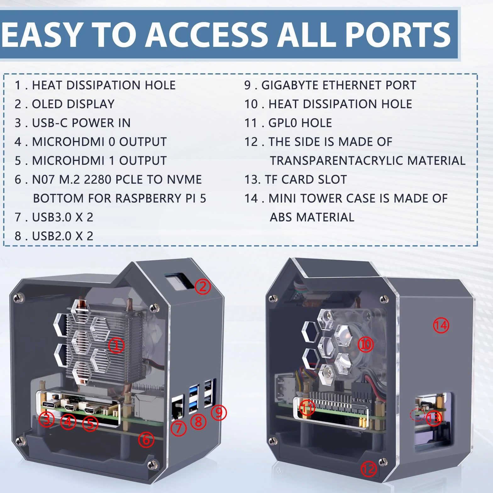 GeeekPi N07 Mini Tower NVMe NAS Kit dla Raspberry Pi 5, z N07 M.2 NVMe SSD Pip PCIe Peripheral Board Bottom, Support M.2 Key-M NVMe SSD 2230/2242/2260/2280