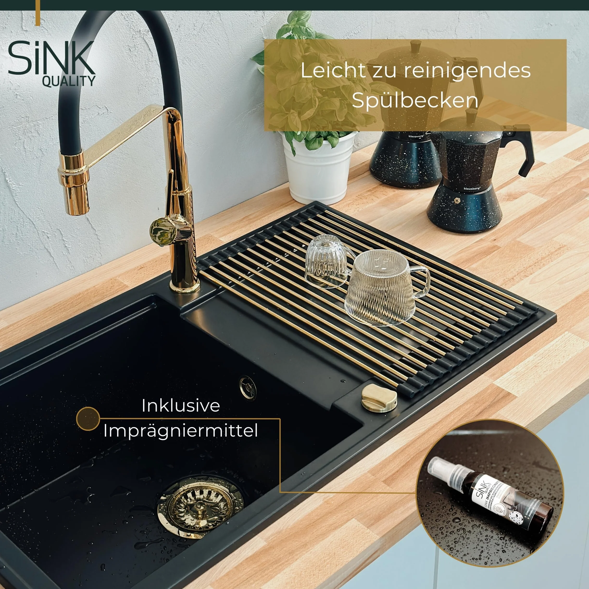 SINK QUALITY zlewozmywak granitowy beżowy 78 x 46 cm – zlewozmywak z syfonem push, ociekacz, środek impregnujący – zlewozmywak kuchenny beżowy z ociekaczem do szafki pod umywalkę 60