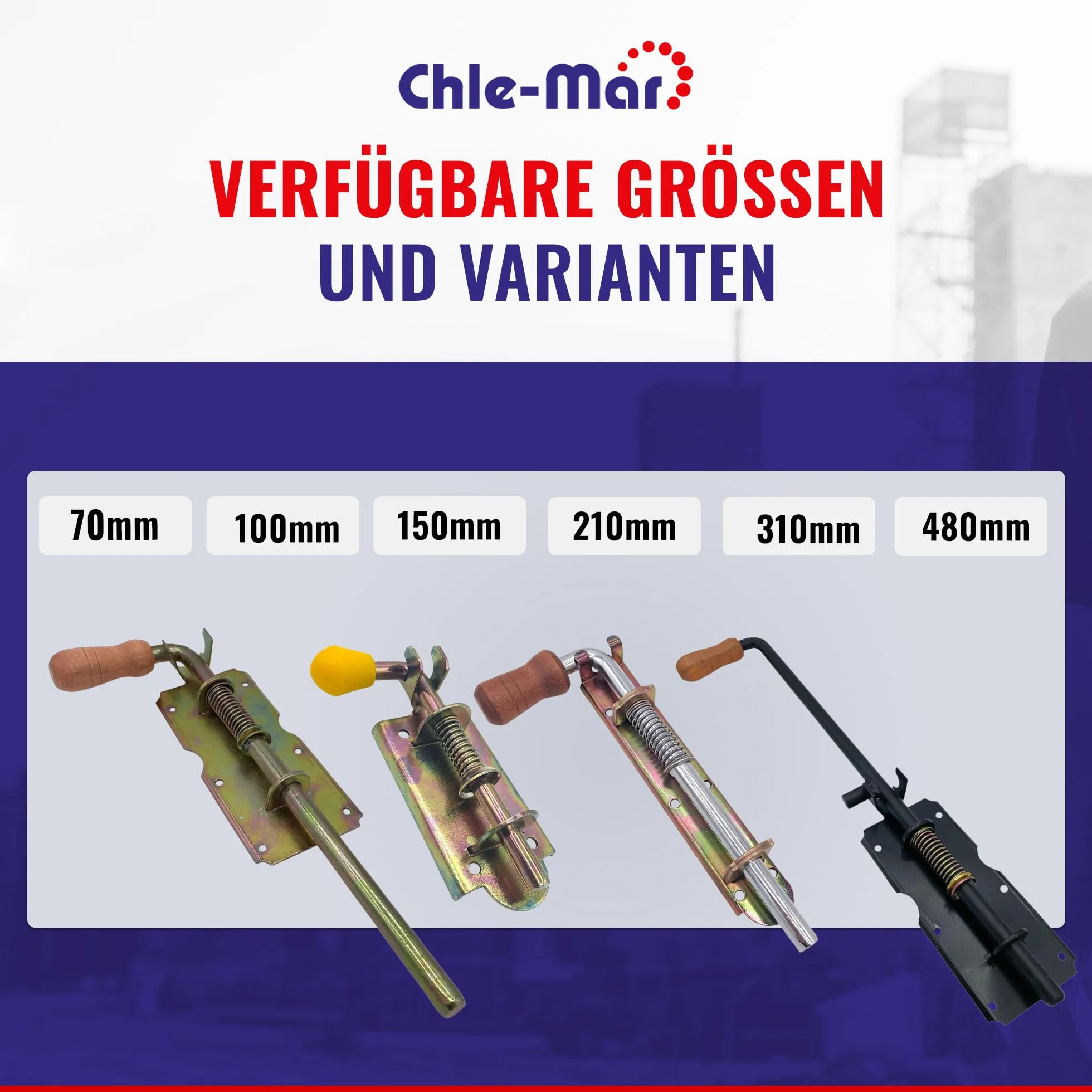 Chle-Mar – Rygiel sprężynowy 310 mm | Czarny | Do bram, drzwi, furtek i boksów | Ryglowanie z mechanizmem sprężynowym | Uchwyt drewniany lub plastikowy | Solidna stal malowana proszkowo