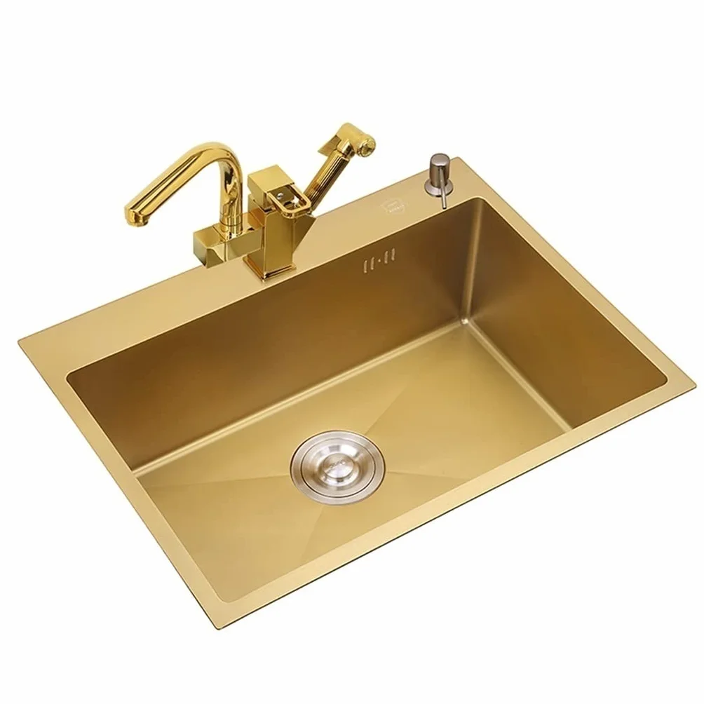 Zlew kuchenny Golden 304 ze stali nierdzewnej umywalka jednokomorowa umywalka podblatowa wpuszczana w blat,Złoty-75 * 45cm