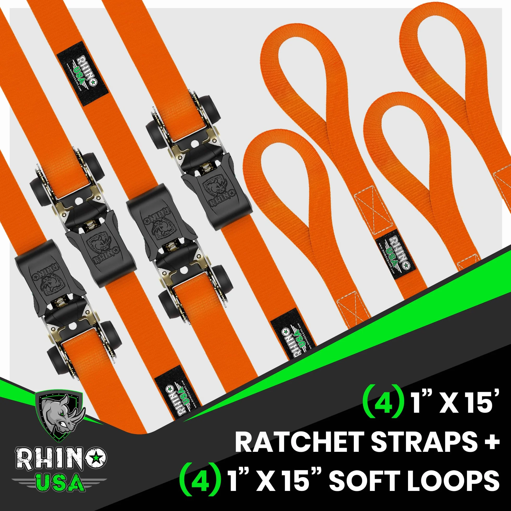 Rhino USA Paski zapadkowe do wiązania (4-pak) - 2,5 cm x 4,6 m (wytrzymałość na rozerwanie 800 kg) - najlepsze paski mocujące z haczykami bezpieczeństwa S - paski premium do samochodów ciężarowych