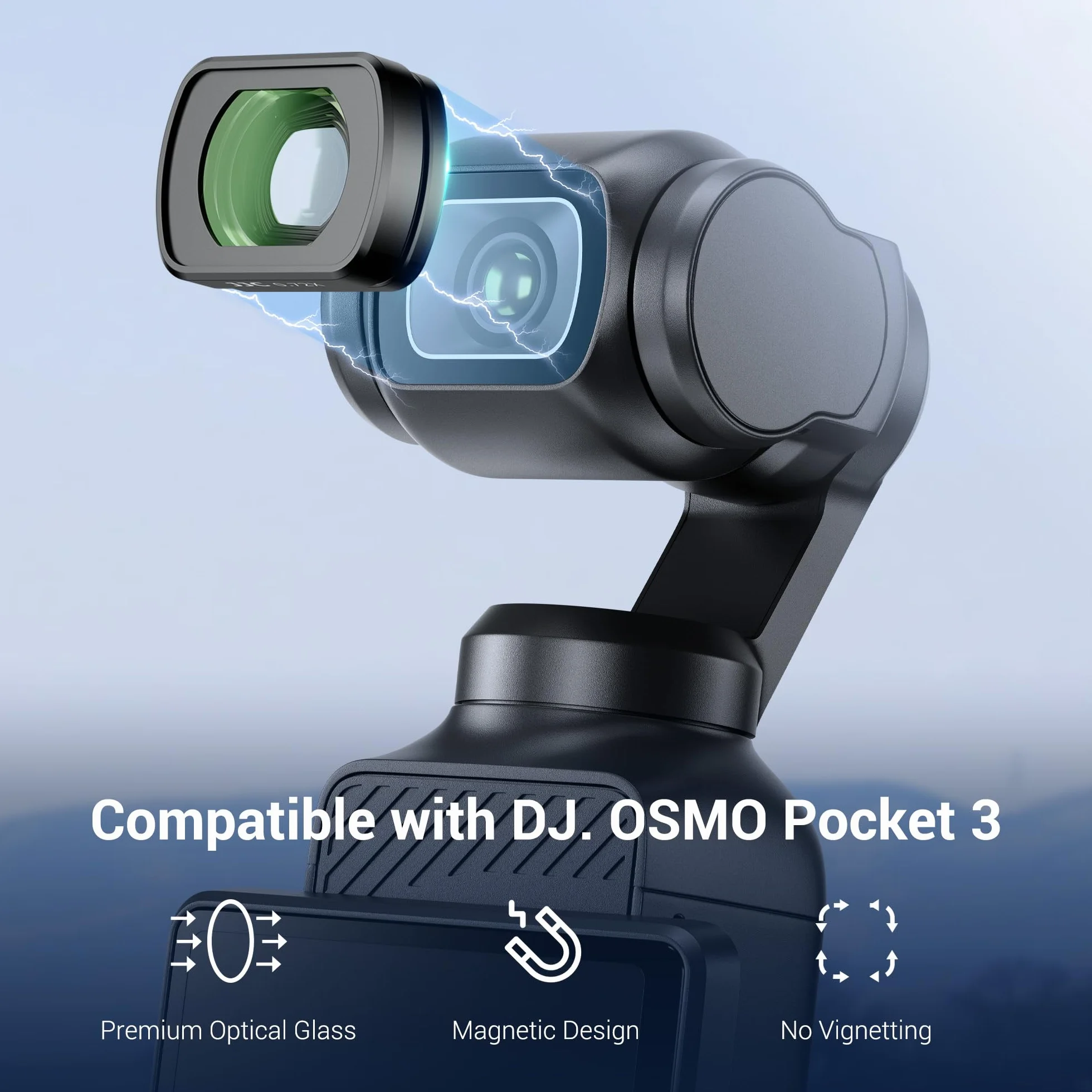 JJC Szerokokątny obiektyw kompatybilny z DJI Osmo Pocket 3, wielowarstwowy filtr magnetyczny 0,72x bez winietowania, akcesoria do aparatu akcji Pocket3