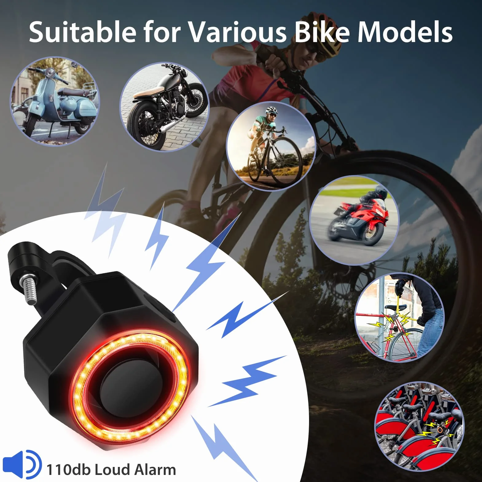 Budzik rowerowy, z akumulatorem USB, z tylnym światłem, bezprzewodowy alarm motocyklowy z uchwytami montażowymi, inteligentny z alarmem rowerowym, pilot zdalnego sterowania 110 DB, super