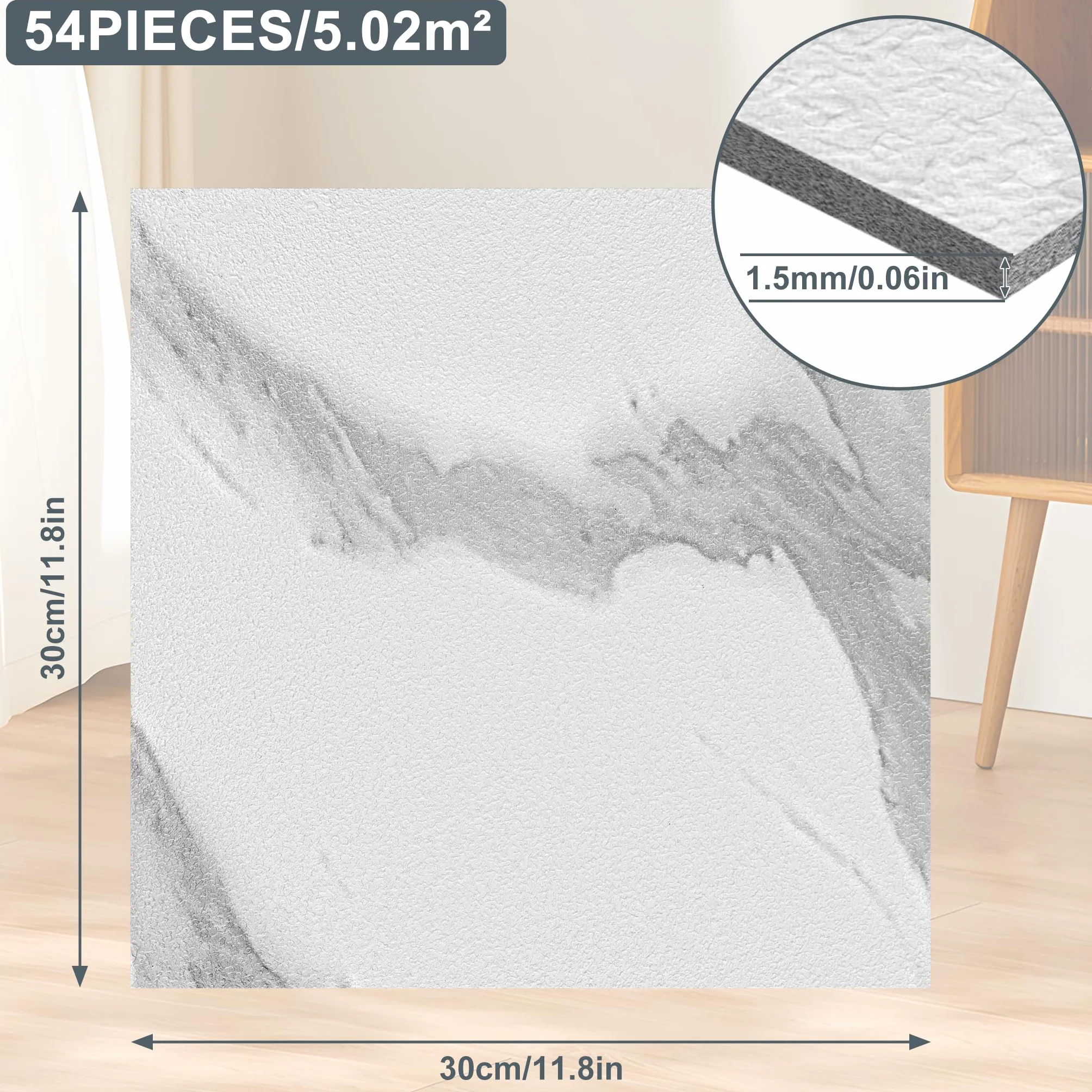 ACXIN Wykładzina podłogowa z PCW, samoprzylepna wykładzina podłogowa o wyglądzie płytek, 54 płytki winylowe 5 m², płytki podłogowe, samoprzylepna, wodoodporna, do kuchni, łazienki, salonu (białe